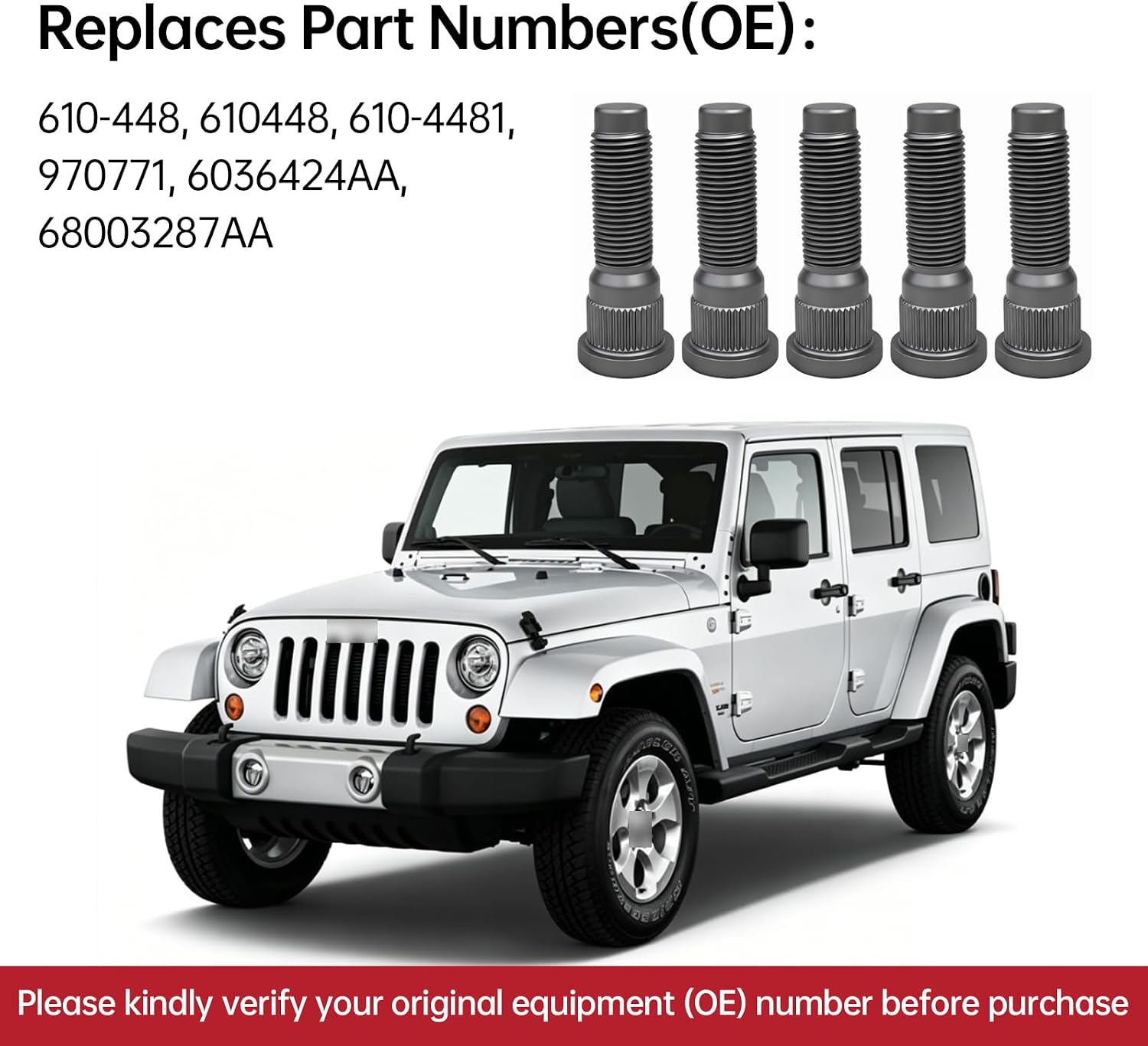 5 Pack 610-448 Wheel Lug Studs 1/2-20 for Jeep Grand Cherokee 2002-2010, Commander 2006-2010, Wrangler 2007-2017, Wrangler JK 2018 Replaces 68003287AA