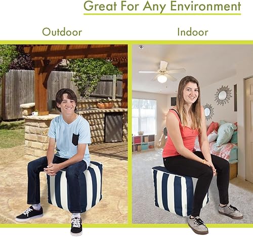 Miniatura 11 de Majestic Home Goods Puf de relleno de rayas verticales para interiores y exteriores, 17 x 17 x 17 pulgadas, reposapiés de suelo, silla para sala de