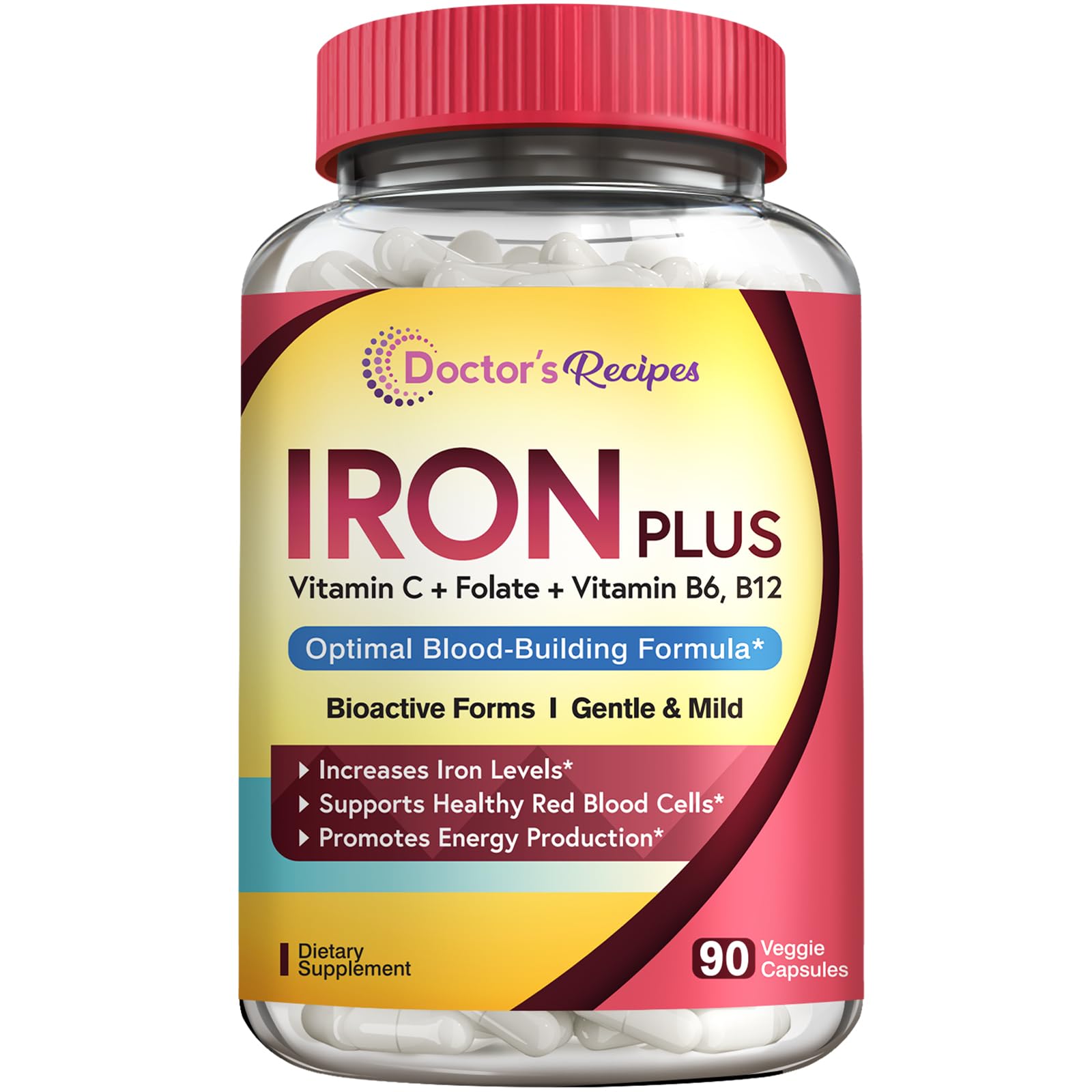 Doctor's RecipesIron Supplement for Women Men - Gentle Iron Bisglycinate with Vitamin C, B6, Folate & B12 - Non-Constipating & Stomach Friendly Iron Pills for Blood & Energy Support, 90 Vegan Caps