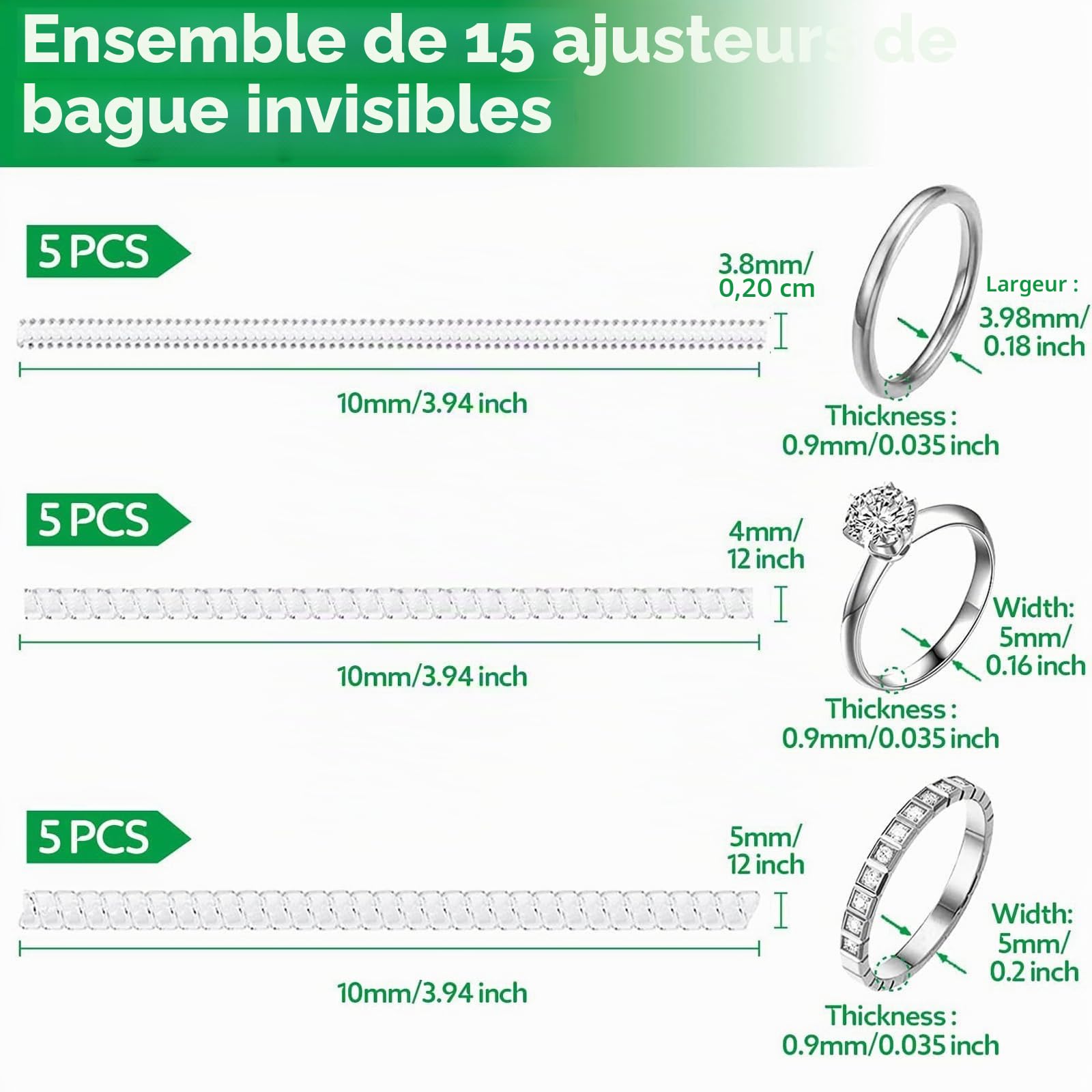 Anpro 15 pièces Ajusteur de Taille de Bague - Ajusteur Bague Invisible Reducteur Bague avec 3 Tailles pour Les Fixations en Silicone à Bague Libre en Spirale(Tissu De Polissage Argenté Inclus)
