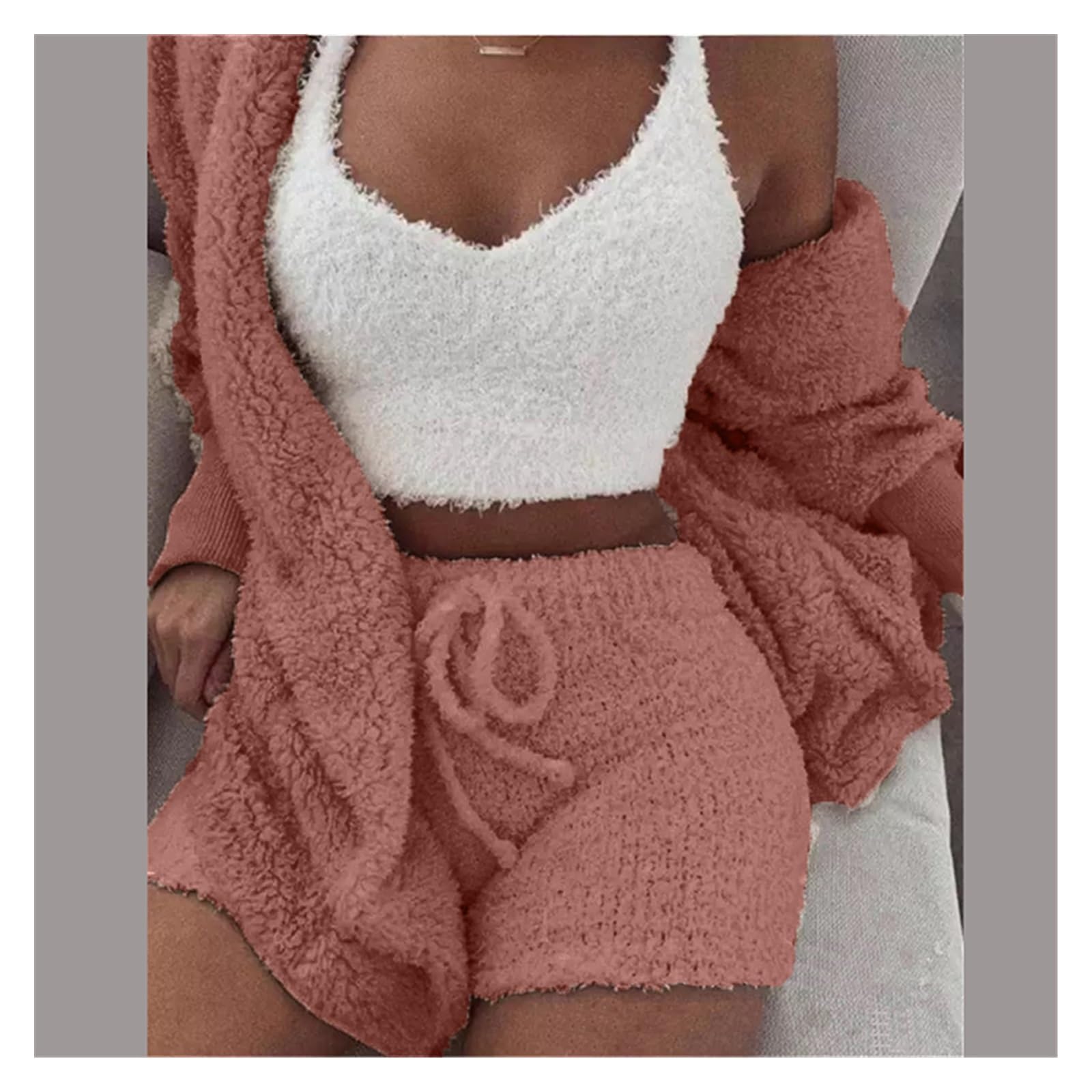 Conjunto de Pijama Mullido de 3 Piezas para Mujer Conjuntos de 3 piezas for mujer, cárdigan con capucha de lana de felpa, abrigo, Top corto, pantalones cortos de motorista, chándal informal, sudaderas