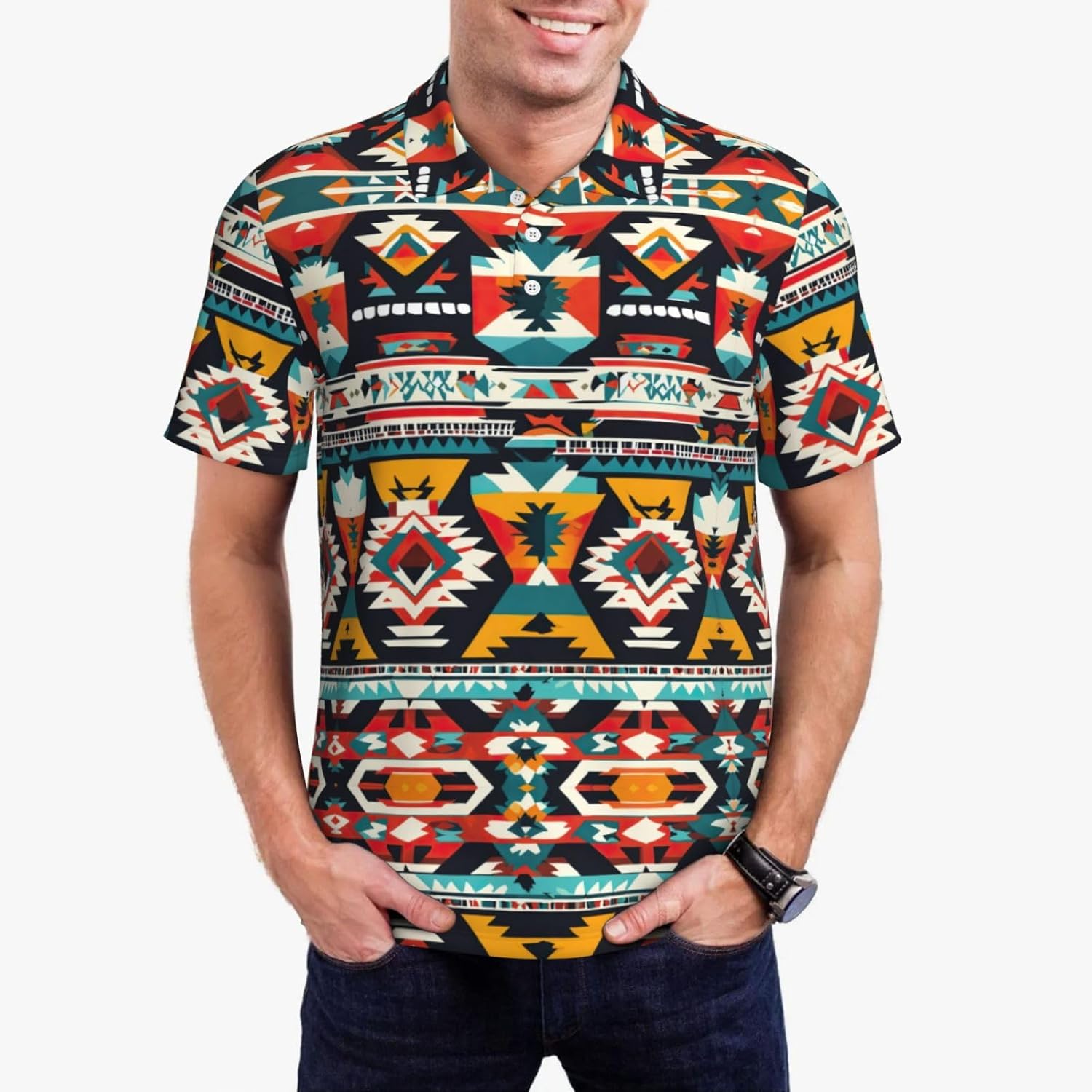Native American Pattern Print Mens Golf Shirts, Sports Polo Shirts, Moisture Wicking Short Sleeve Hawaiian T-Shirt