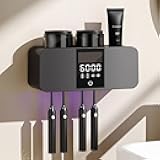 Toothbrush Holders for Bathrooms,LED Smart Screen Bathroom Accessories,Cleaning and Air Drying and Timer Function,Solar Rechargeable Cordless 2 Cups Electric Toothbrush Holder (Grey)