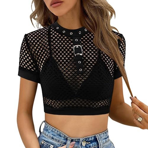 jascaela Women's Sexy Fishnet Choker Buckle Halter Crop Tank Top Backless Punk Cami Bandeau Clubwear for Rave Party - Large - Short Sleeve Fishnet