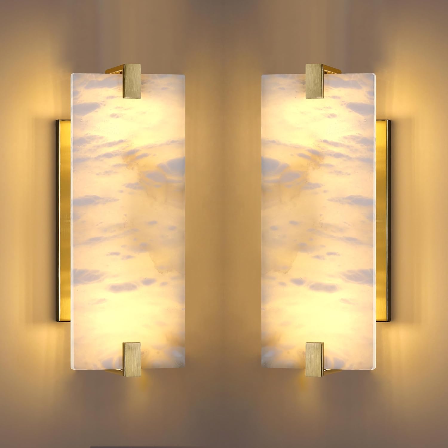 2 Pack 2 Light Square 14.7" Alabaster Marble Bathroom Wall Sconce Modern Concise Style Wall Light Fixture,Gold Finish for Bedroom Hallway Bedside