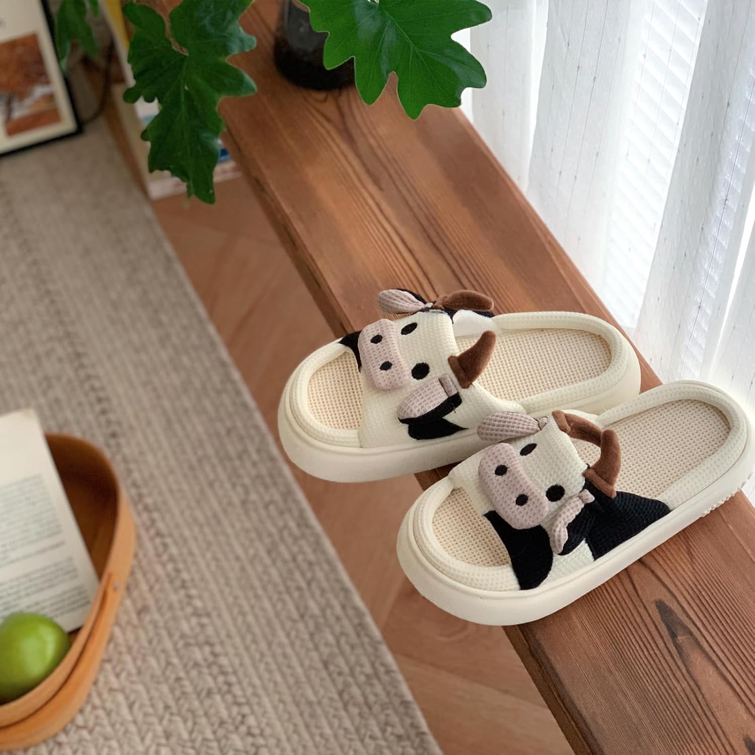 XIXITIAO Cow Slippers for Women/Men Indoor, Cute Cartoon Animal House Shoes, Comfortable Cotton Linen Bedroom Kawaii Cloud Slides - Image 5