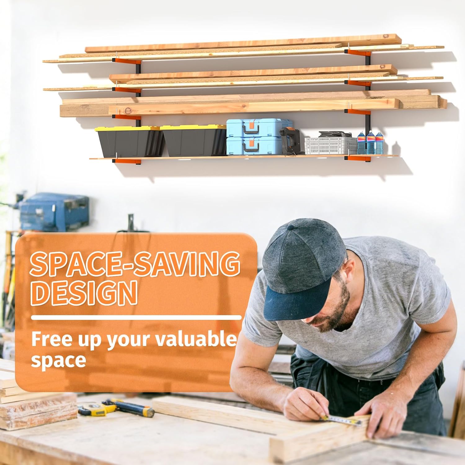 4 Pack Lumber Storage Rack, Adjustable Lumber Rack Wall Mount With 8-Level, Heavy Duty Sturdy Garage Wood Organizer Wood Storage Racks Holds Up 1040 LBS, Indoor & Outdoor Use(Adjustable 4 Pack)