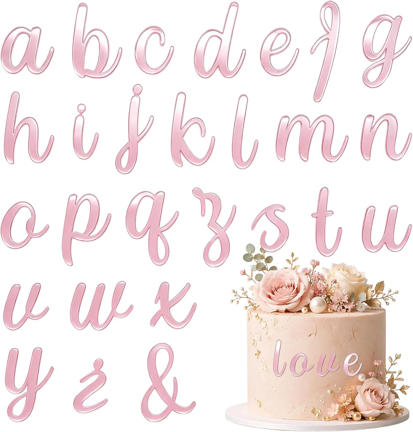 27Pcs Rose Gold Mirror Acrylic Cake Decor Romantic Script Letter Cake Decor