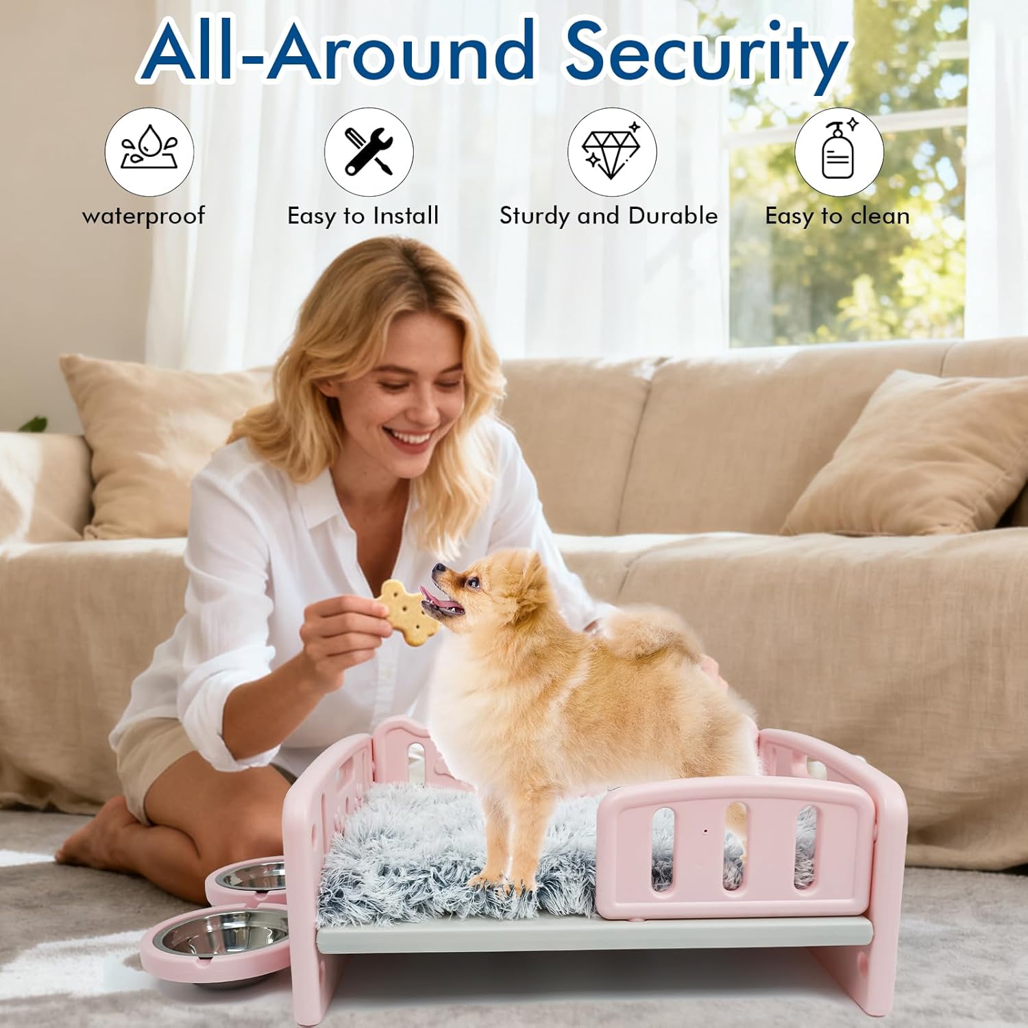 XPIY Small Dog Bed with Cushion & Bowls, Plastic Pet Bed for Puppies and Small Dogs, Raised Puppy Bed with Removable Soft Pad, Indoor Dog Bed with Double Food & Water Bowls