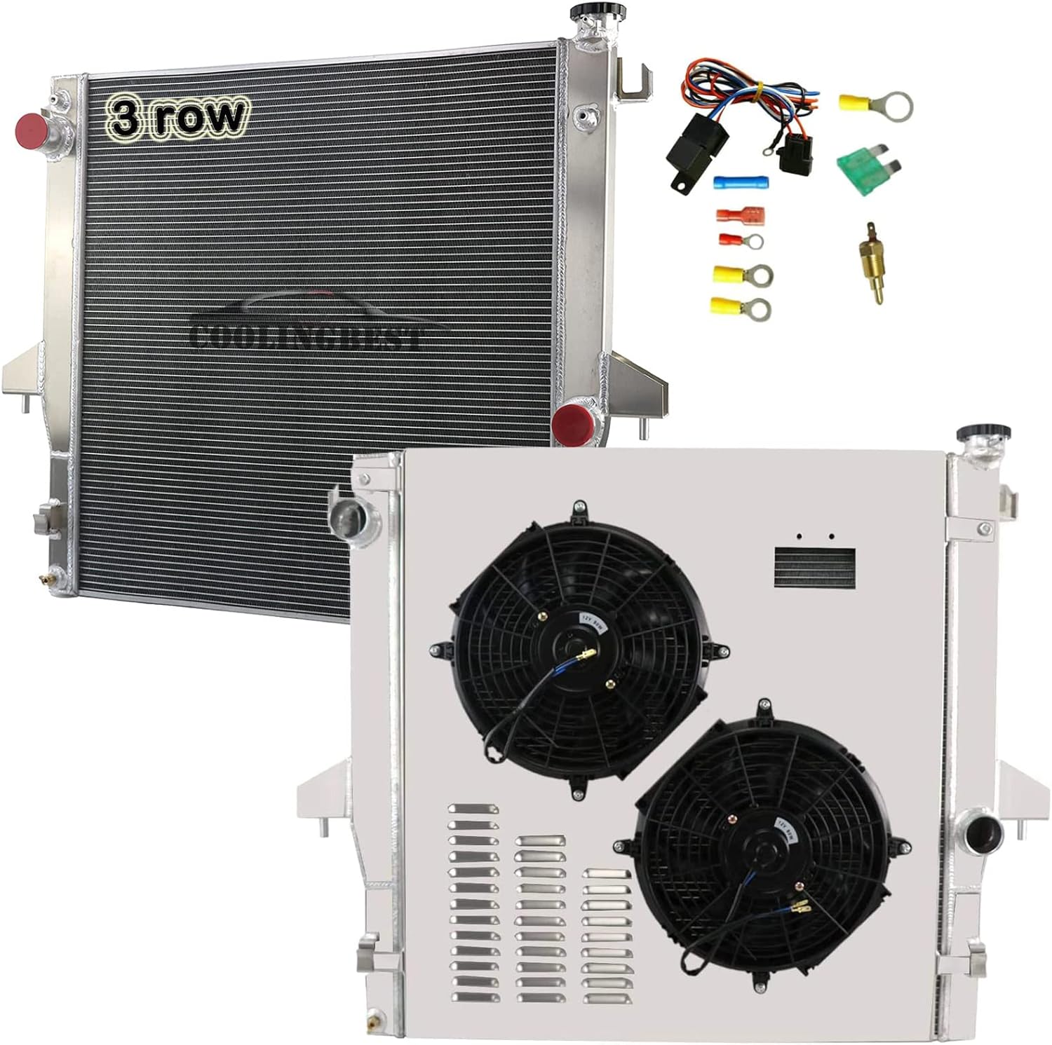 3 Row Aluminum Radiator Dual Electric Fan Shroud Thermostat Kit Combo for 2003-2009 Dodge Ram 2500 3500/2008-2010 Ram 4500 5500 Pickup 5.9 6.7 L6 Cummins Diesel, Crossflow Radiators