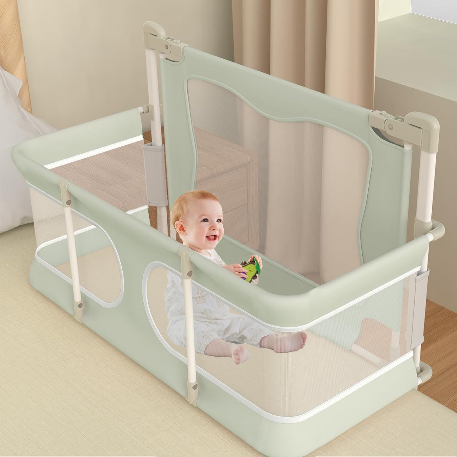 Baby Bassinet Bedside Sleeper, Foldable Bed Rail for Toddlers, Co-Sleeping Baby Bed with Lifting Fence, Baby Sleeping Fence with Adjustable Height