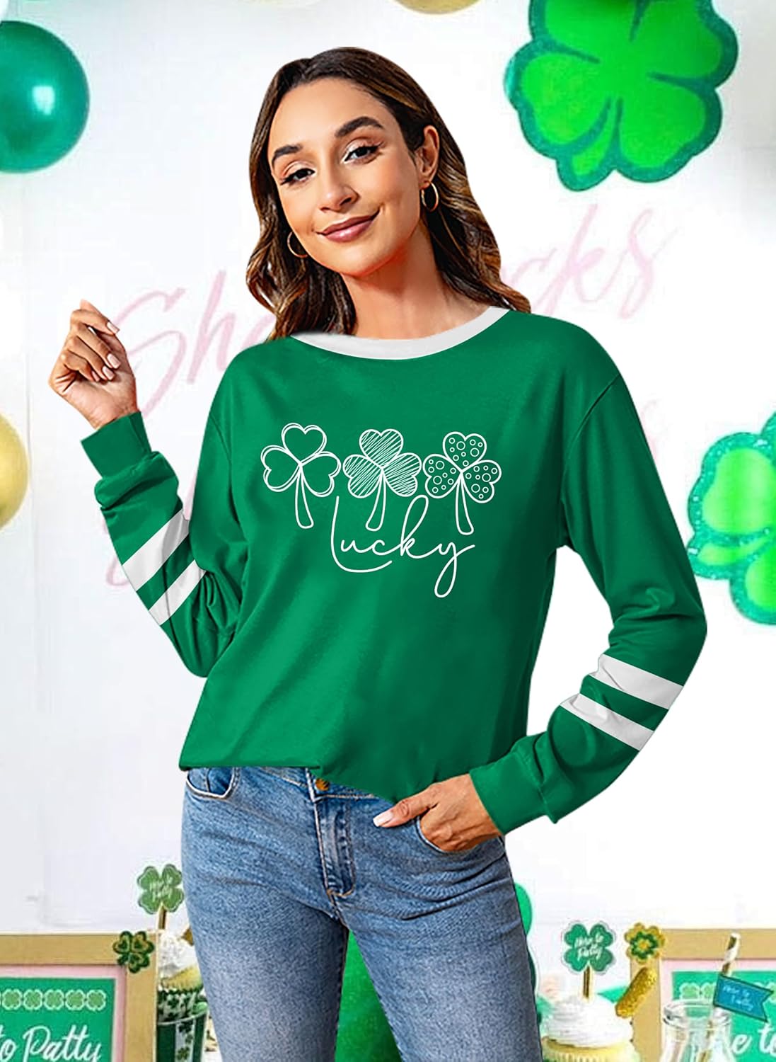 St. Patrick Day Shirt for Women: Lucky Shamrock Sequin Green Long Sleeve Tee Saint Patrick's Day Irish Graphic Tops - Image 3