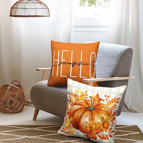 Miniatura 3 de Juego de 2 fundas de almohada decorativas de otoño de 24 x 24 pulgadas, hojas de arce y calabaza, fundas de almohada decorativas de lino otoñal a