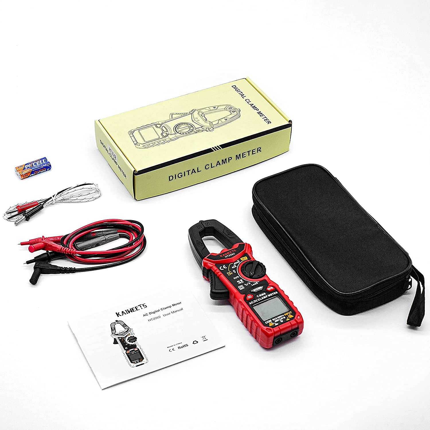 KAIWEETS Pince Ampèremétrique Numerique CA/CC, 0-600A Multimetre Professionnel 6000 Comptes TRMS, Mesure Courant/Tension/Diode/Température/Résistance/Fréquence/Diode/Capacité