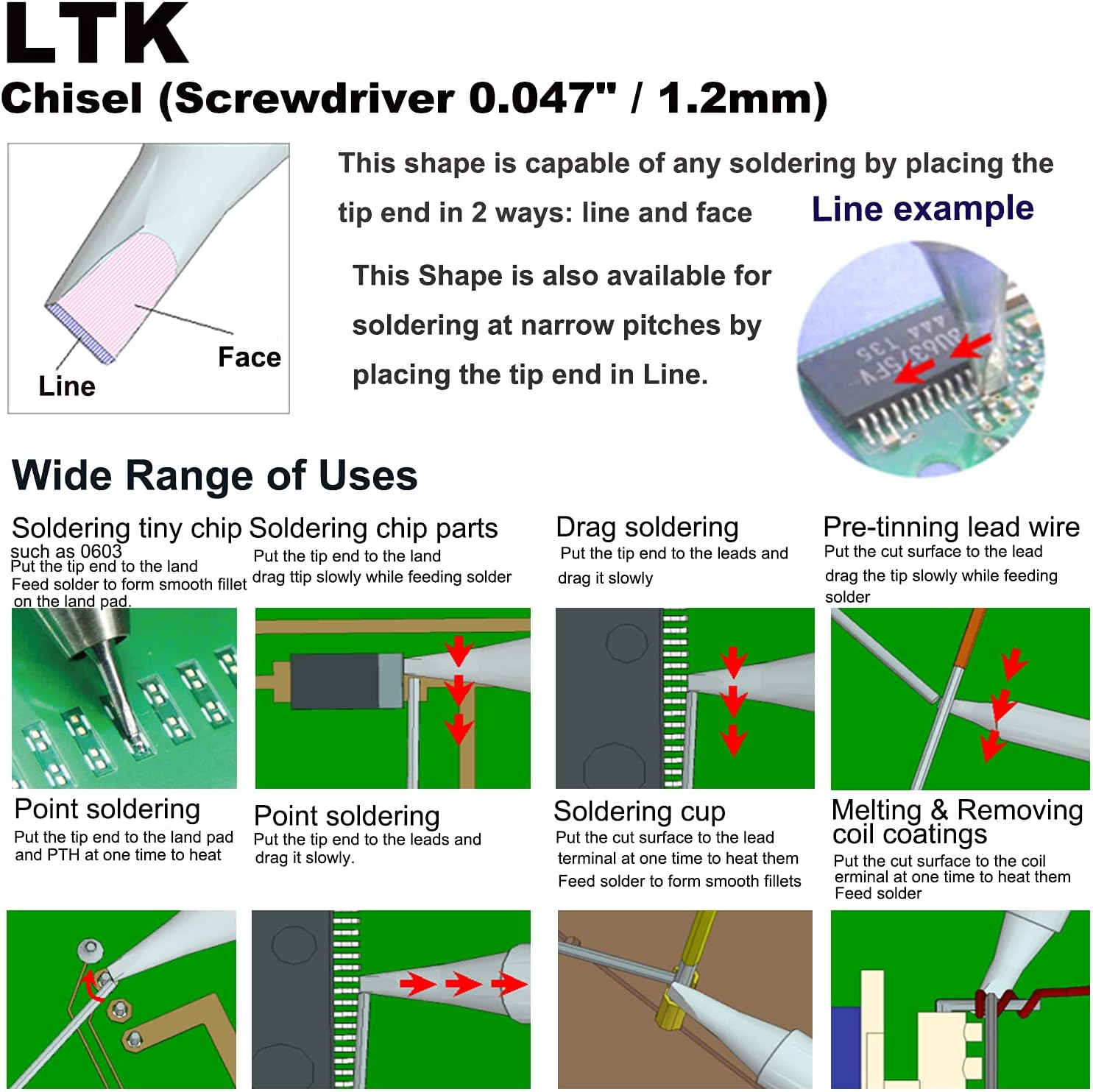 LTK Long Chisel Screwdriver 0.047" / 1.2mm Soldering Tip for WXP80 WSP80 WP80 WP120 MPR PE75 TCPS WSFP8 WD1000 WSD81 WSD121 WR2002 WR3000M WS81 WD2000 ACE Brand Solder Iron Tips (20)