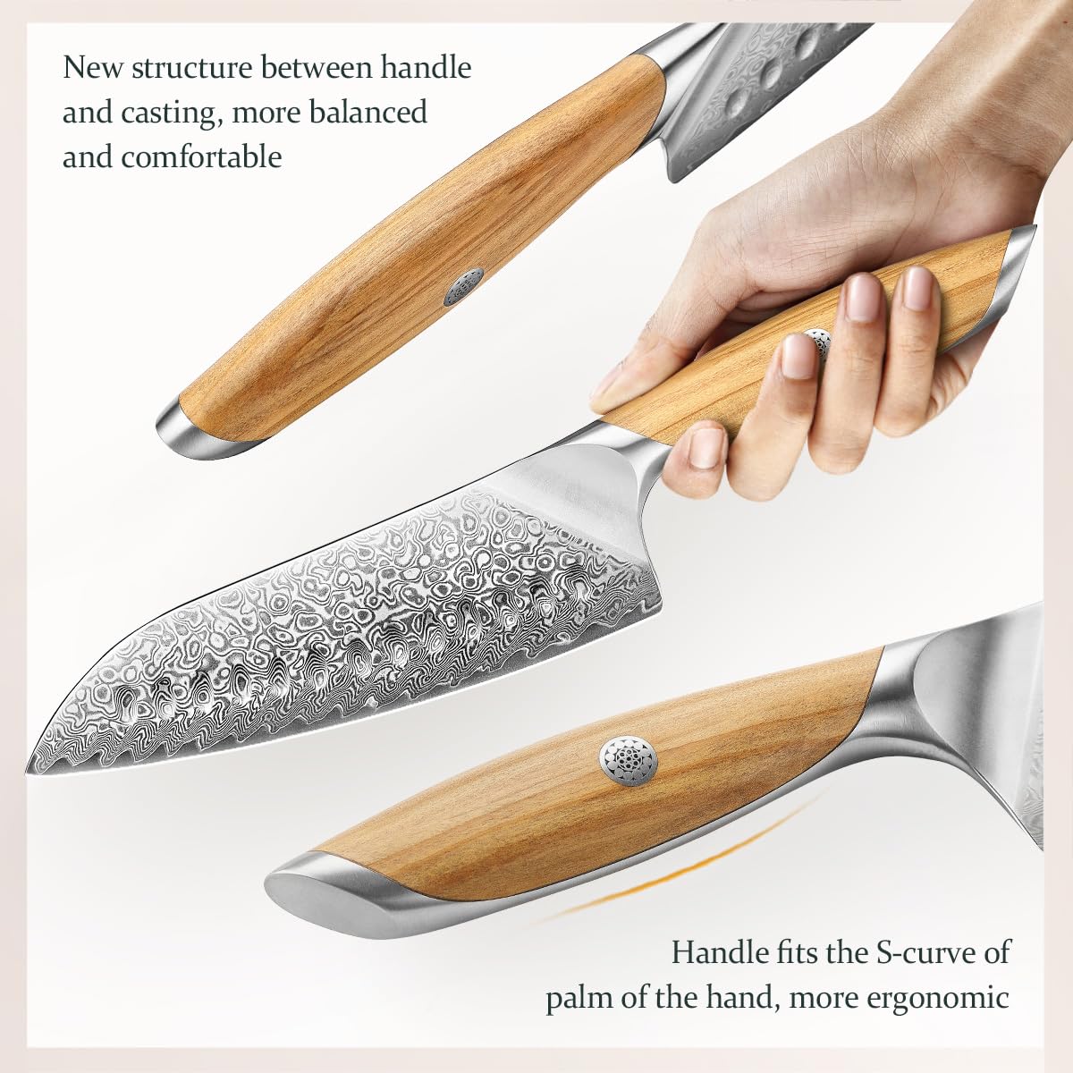 HEZHEN Couteau de Santoku Damas, Style Japonais en Acier Damas 73 Couches, Cuchillo de Damasco Manche Ergonomique en Bois D'olivier