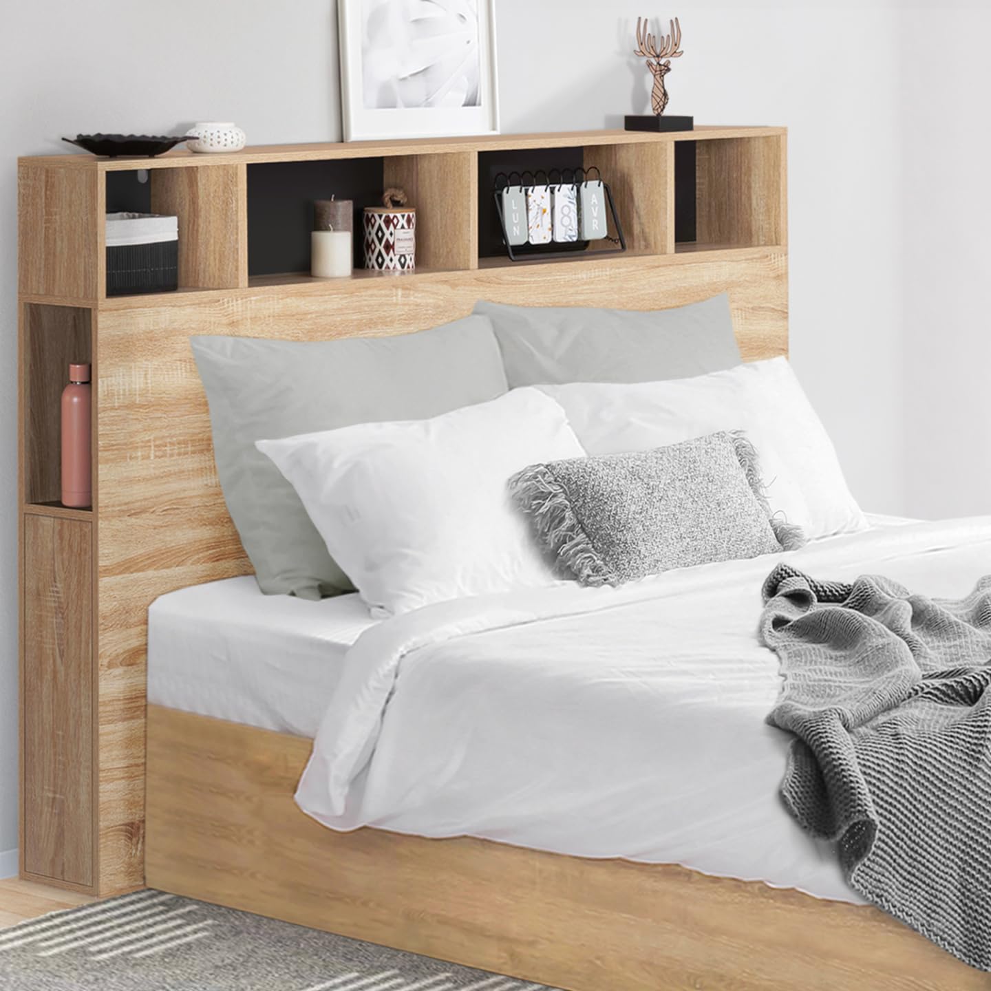 IDMarket - Tête de lit sur Pied Cleo 165 cm avec rangements fermés et niches façon hêtre et Noir