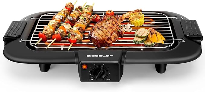 Aigostar Barbacoa electrica portatil, 2000 W, resitencia extraíble, Parrilla Inoxidable y Altura Ajustable a 2 Niveles, indicador luminoso, bandeja antigoteo, Superficie de cocina: 36 x 21 cm, Negro