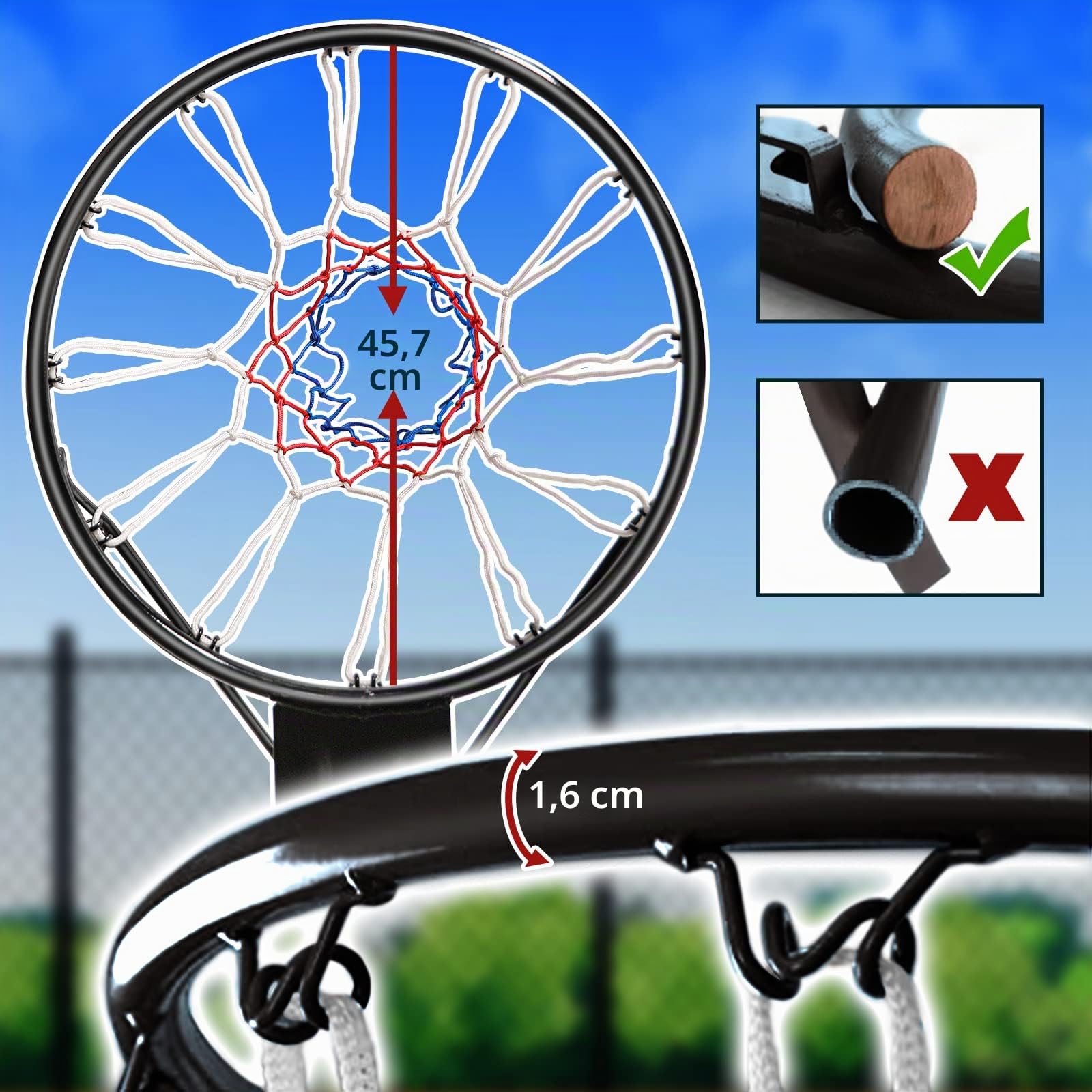 Dripex Panier de basketball massif Ø45 cm avec filet de basketball, montage mural avec anneau en acier, panier de basketball pour intérieur et extérieur (Noir)