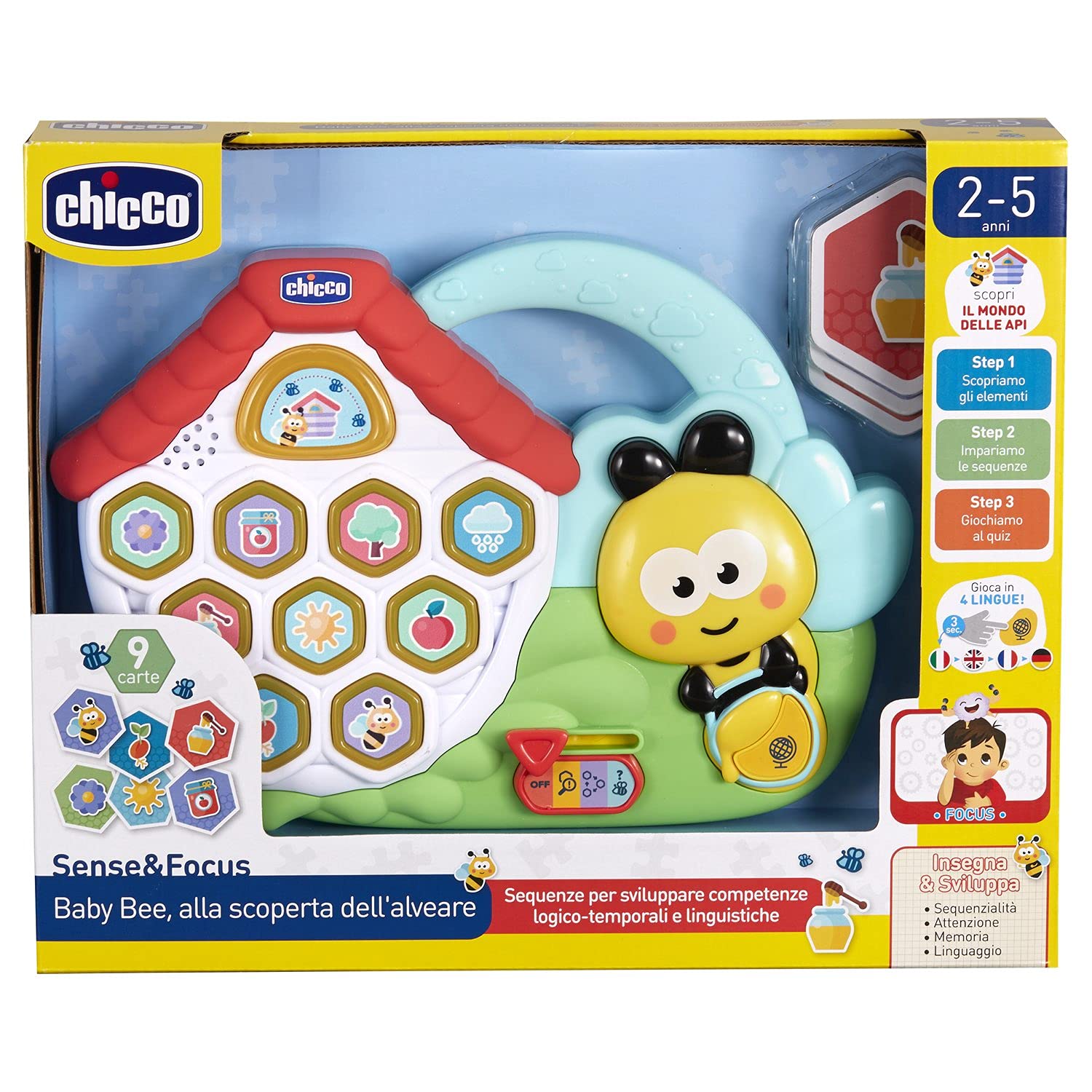 Chicco Baby Bee Descubriendo La Colmena, Centro De Actividades Electrónico Con 12 Secuencias, 10 Botones Luminosos Y 9 Cartas, Para Niños De 3+ Años