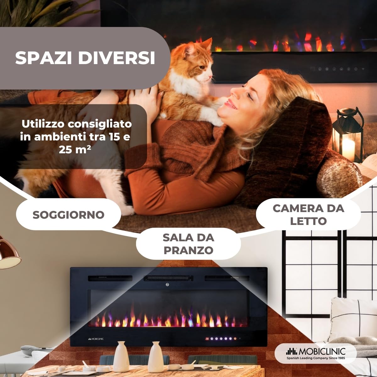 Mobiclinic®, Camino elettrico da parete, 900/1800w, Telecomando e funzione wifi app, Protezione contro il surriscaldamento, 15 colori variabili, Timer, Fury, Per ambienti a partire 25 m2