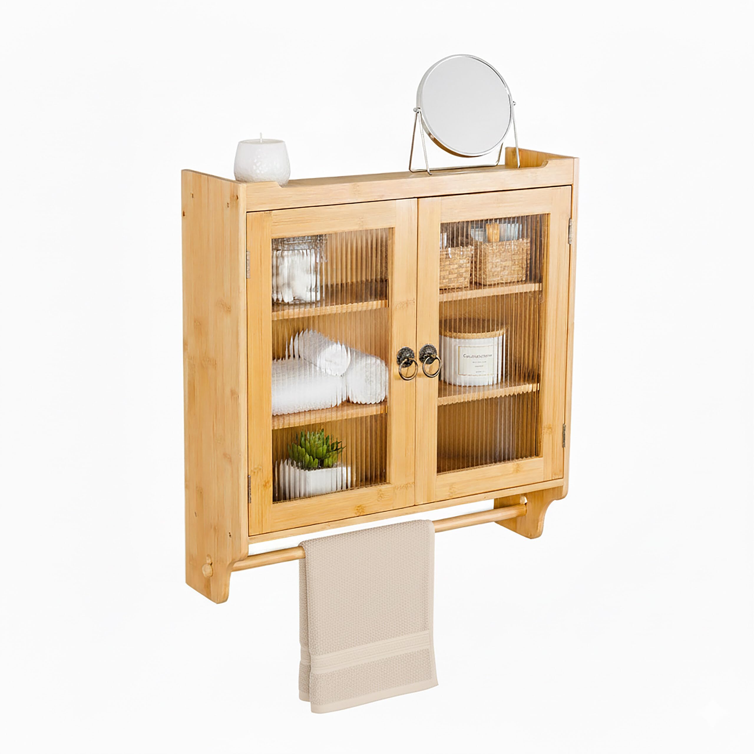 Armoire Suspendue Relaxdays en Bambou avec Porte-Serviettes, 2 Portes, HBT : 63 x 60 x 18 cm, Murale, Naturelle