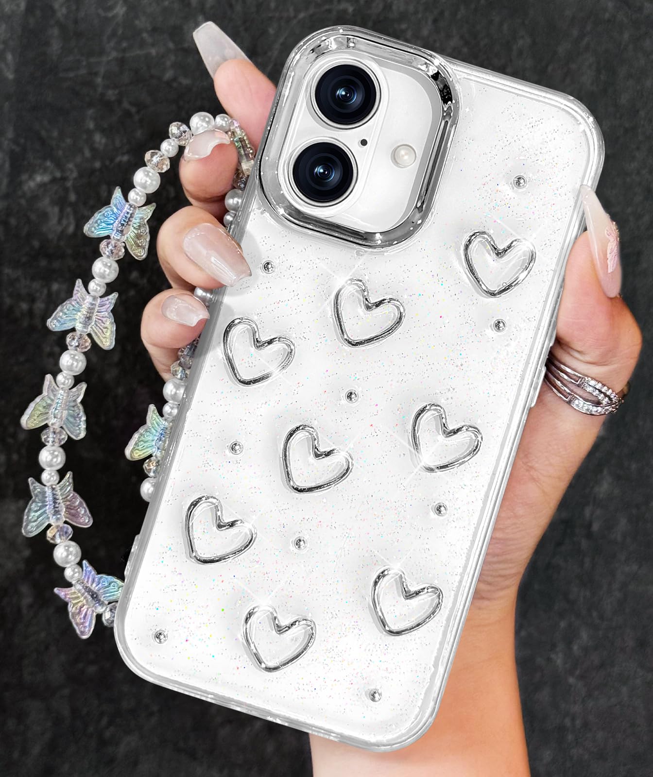Toycamp for iPhone 16 Case for Women Girls - Cute Clear Sparkly Girly Kawaii 3D Heart Design with Charm Butterfly Wrist Chain Phone Cover Aesthetic