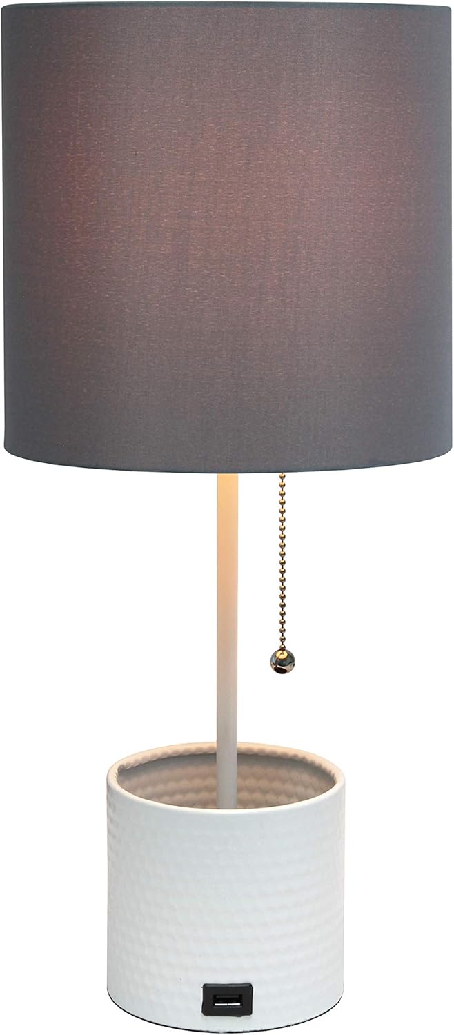 Simple Designs LT1085-GOW White Hammered Metal Organizer Table Lamp with USB charging port and Fabric Shade, Gray