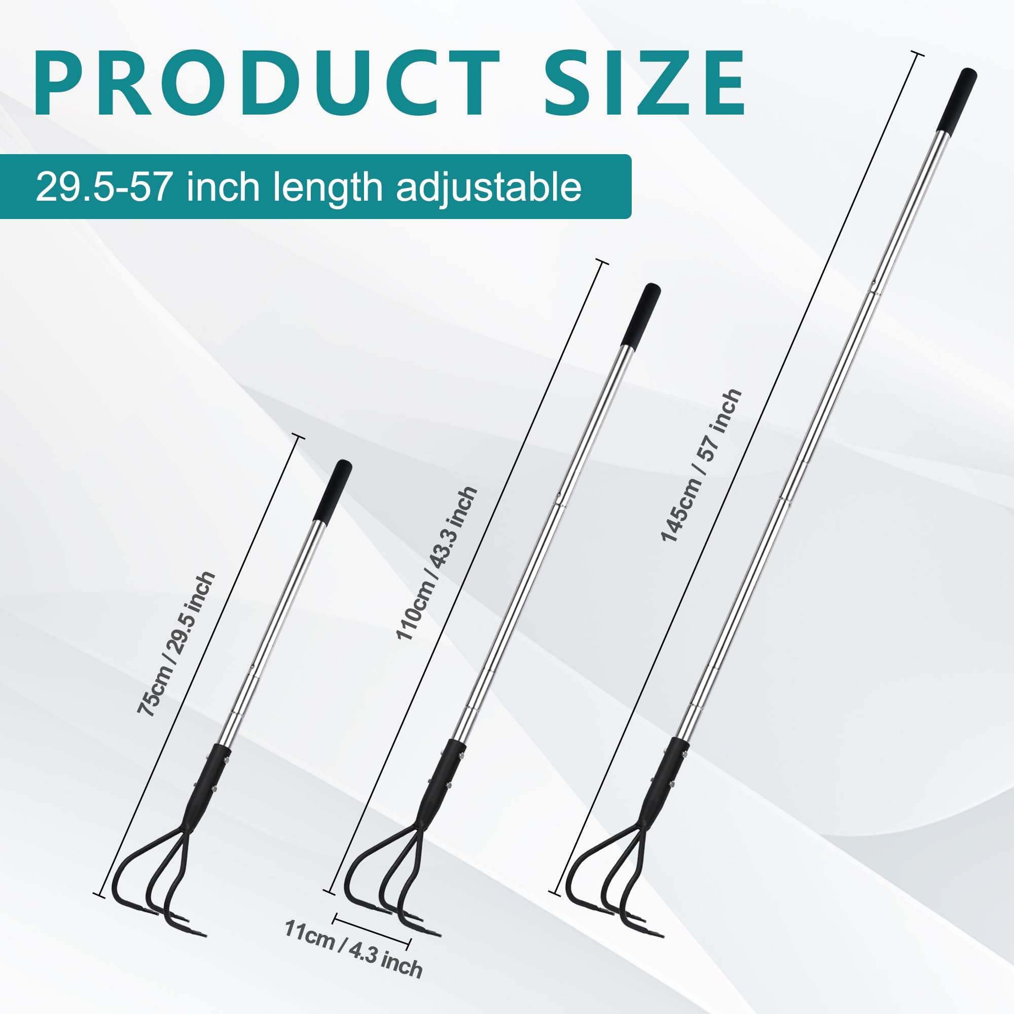 BARAYSTUS Cultivador manual robusto de 145 cm, acero al carbono, longitud ajustable, herramientas de jardín, cultivador de 3 dientes para jardín, aflojamiento del suelo