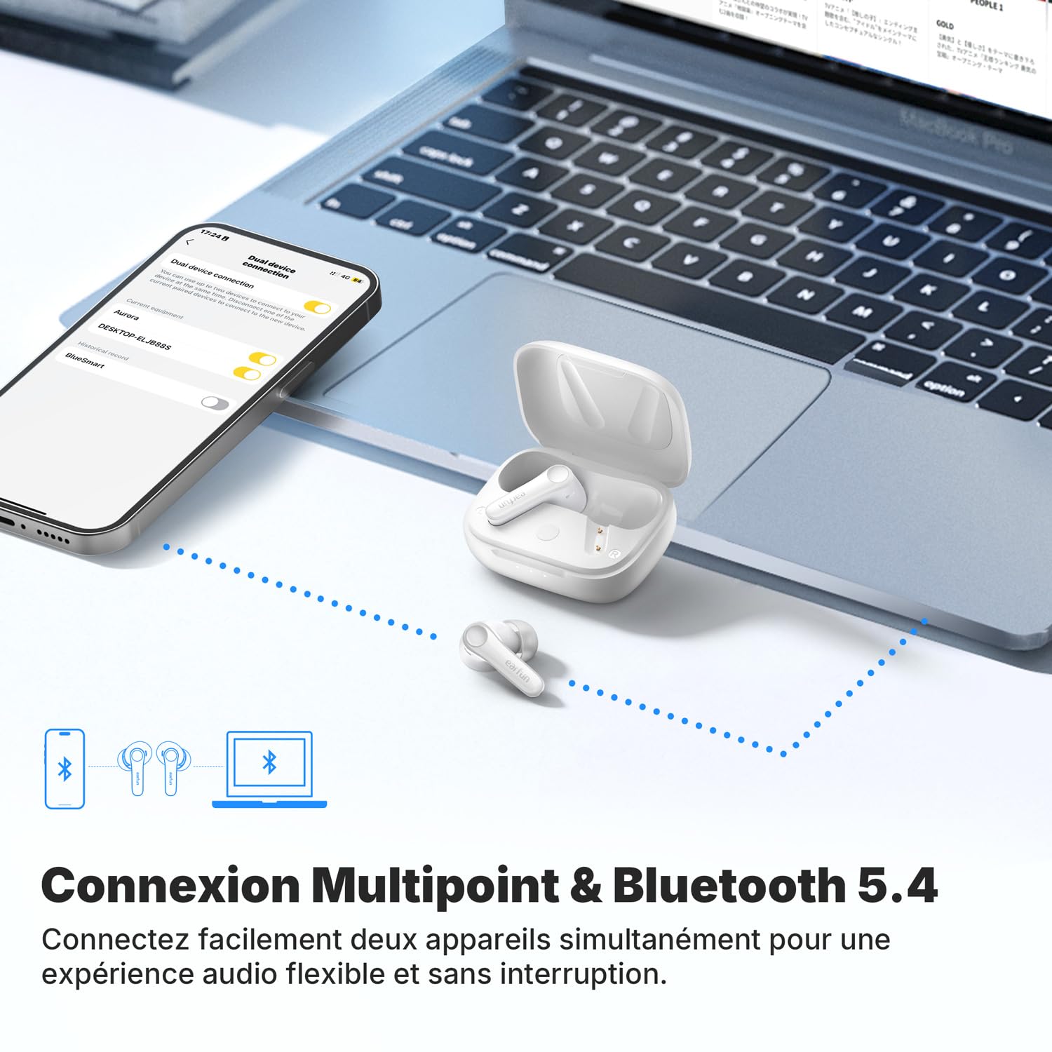 EarFun Air Pro 4 Écouteurs Bluetooth sans Fil Réduction de Bruit Adaptative | LDAC, Hi-Res Audio, Qualcomm aptX Lossless, 6 micros, 52 H d'autonomie, Bluetooth 5.4, Détection Intra-auriculaire, Blanc