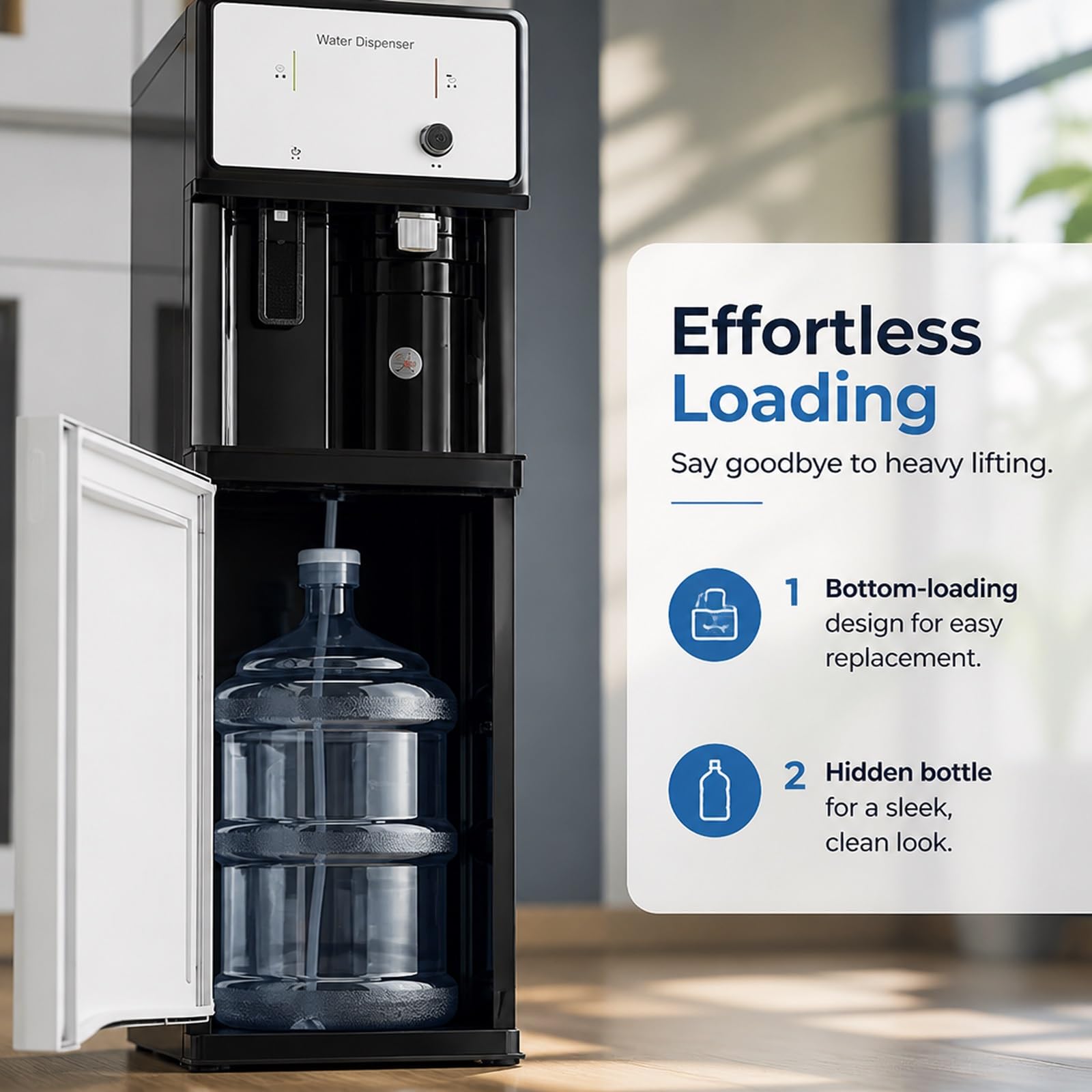 Distributore D'acqua con Caricamento Inferiore E 3 Impostazioni Di Temperatura,Refrigeratore Acqua Calda,Fredda E A Temperatura Ambiente Autonomo,Design Moderno Bianco E Nero per Casa,Cucina,Ufficio