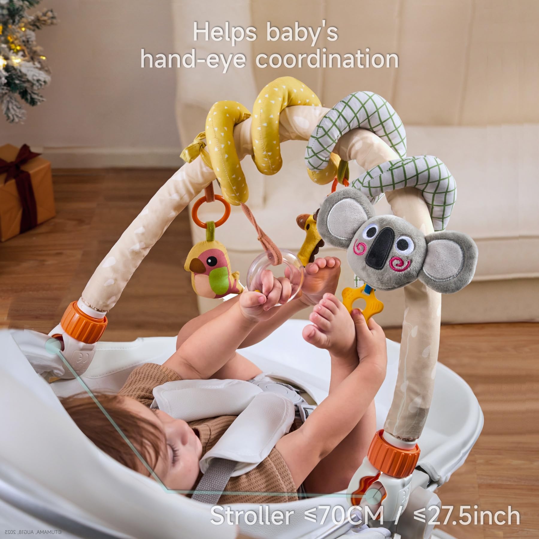 TUMAM 2-in-1 Spirale D'activité Bébé avec Arche Eveil Jouet Poussette pour Bebe 0 3 6 9 Mois, Jeux Eveil Suspendu avec Hochet Et Anneaux De Dentition pour Auto, Stroller Arch, Berceau, Peluche Cadeau