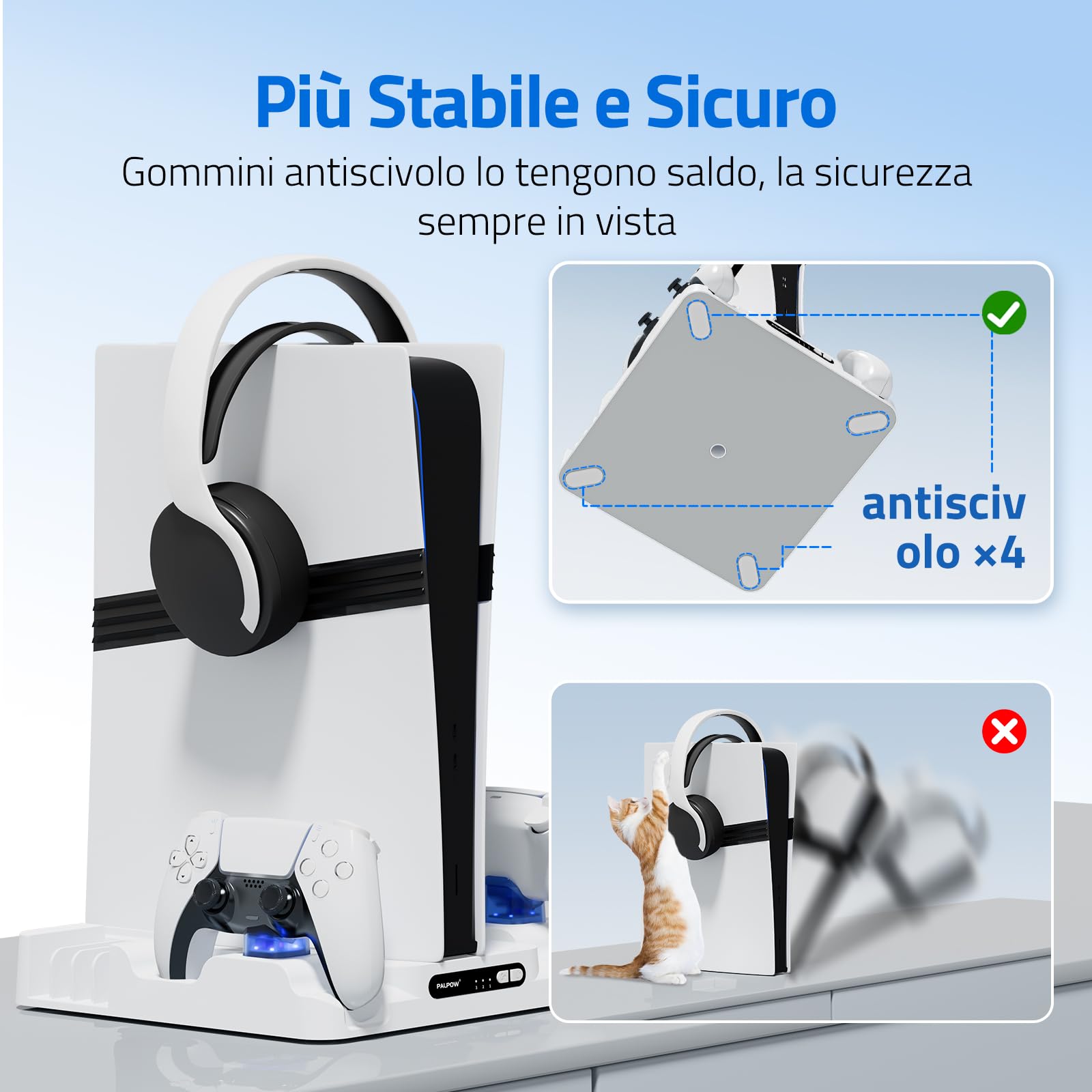 Supporto di raffreddamento PALPOW compatibile con PS5 Pro/Slim/PlayStation 5, disco e caricabatterie digitale per accessori PS5 - Ventola a 3 velocità, illuminazione LED - Bianco