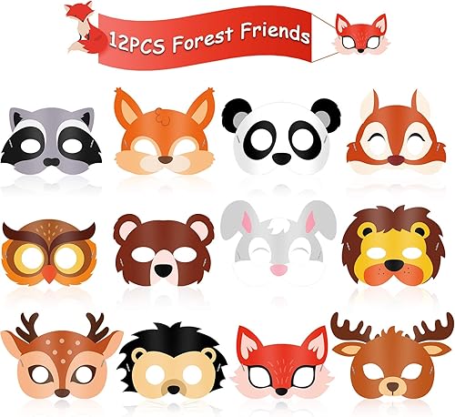 Blulu 12 máscaras de animales para niños, amigos del bosque, máscaras de dibujos animados, animales del bosque de la selva, fiesta temática de