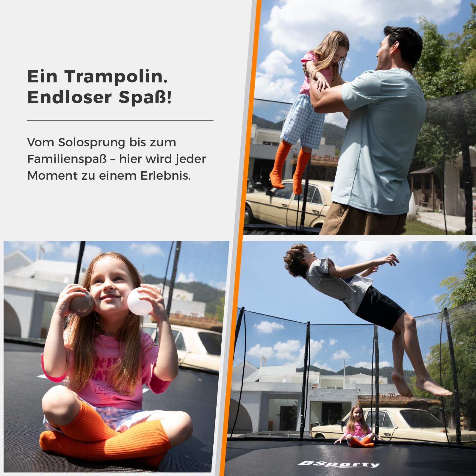 Trampolin Outdoor 305 cm mit Sicherheitsnetz, 5 verstärkte U-förmige Beine mit Mittelstütze, ASTM-Zertifiziert, Freizeittrampolin für Kinder und Erwachsene