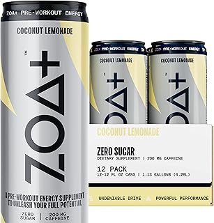 ZOA+ Pre-Workout Sugar-Free Energy Drink, Coconut Lemonade - Zero Sugar, Nitric Oxide Support, Vitamins, Amino Acids, Electrolytes, Natural Caffeine - Gluten Free & Keto Friendly (Pack of 12)