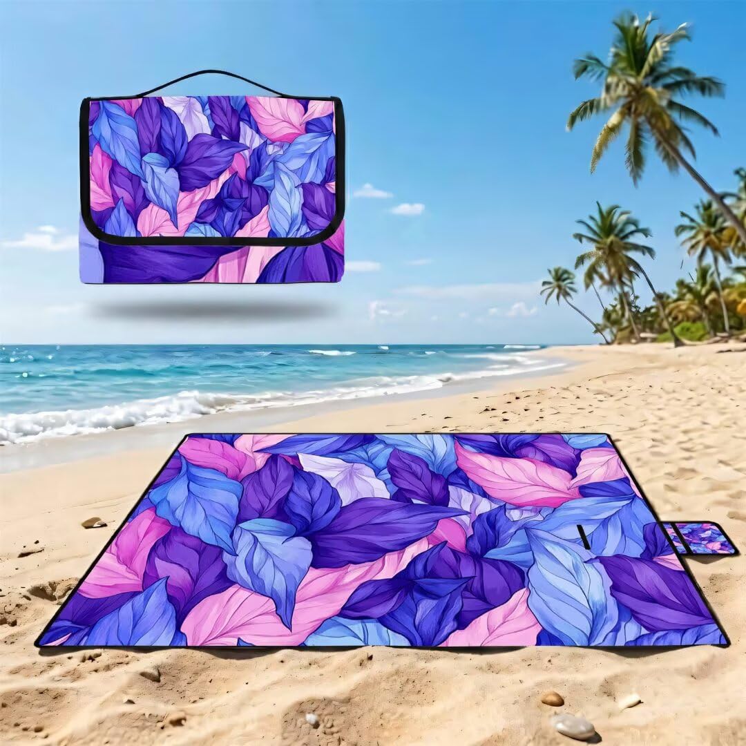 Couverture Pique Nique Grande 200x300cm,Outdoor Couverture Imperméable,Pliable Tapis de Plage Dos en PVC,Picnic Blanket pour Camping Accessoires,Jardin,Parc,Famille - Feuilles Violettes UZ-305