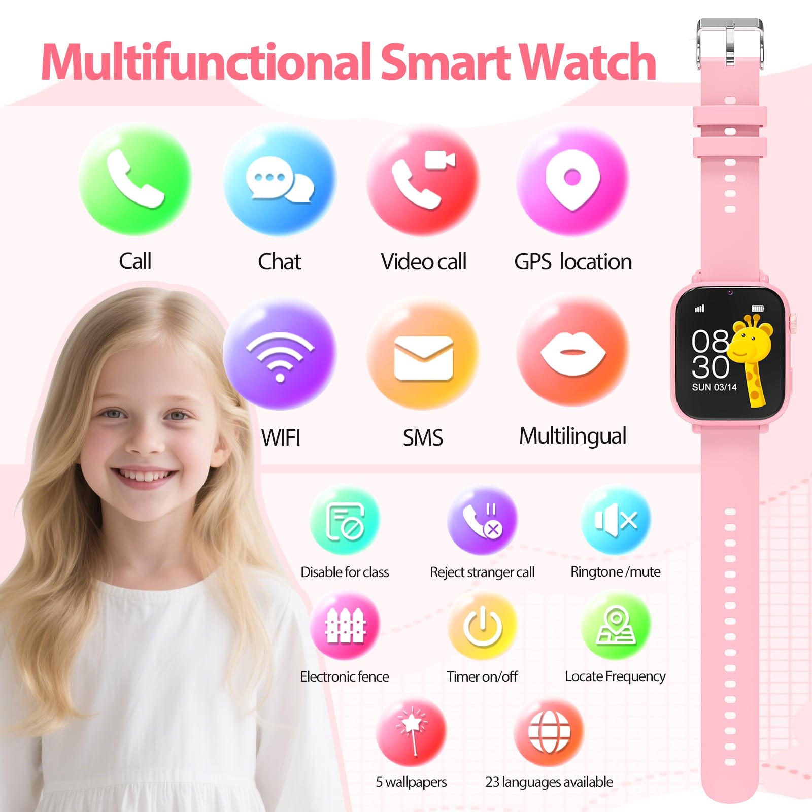 PTHTECHUS Smartwatch per Bambini, 4G Orologio GPS Bambini, Videochiamata e Telefono, WIFI/GPS/LBS Contapassi Ricevi SMS SOS Calcolatrice Timer Sveglia, Regali per Bambini Dai 4 Anni in Su, Rosascuro