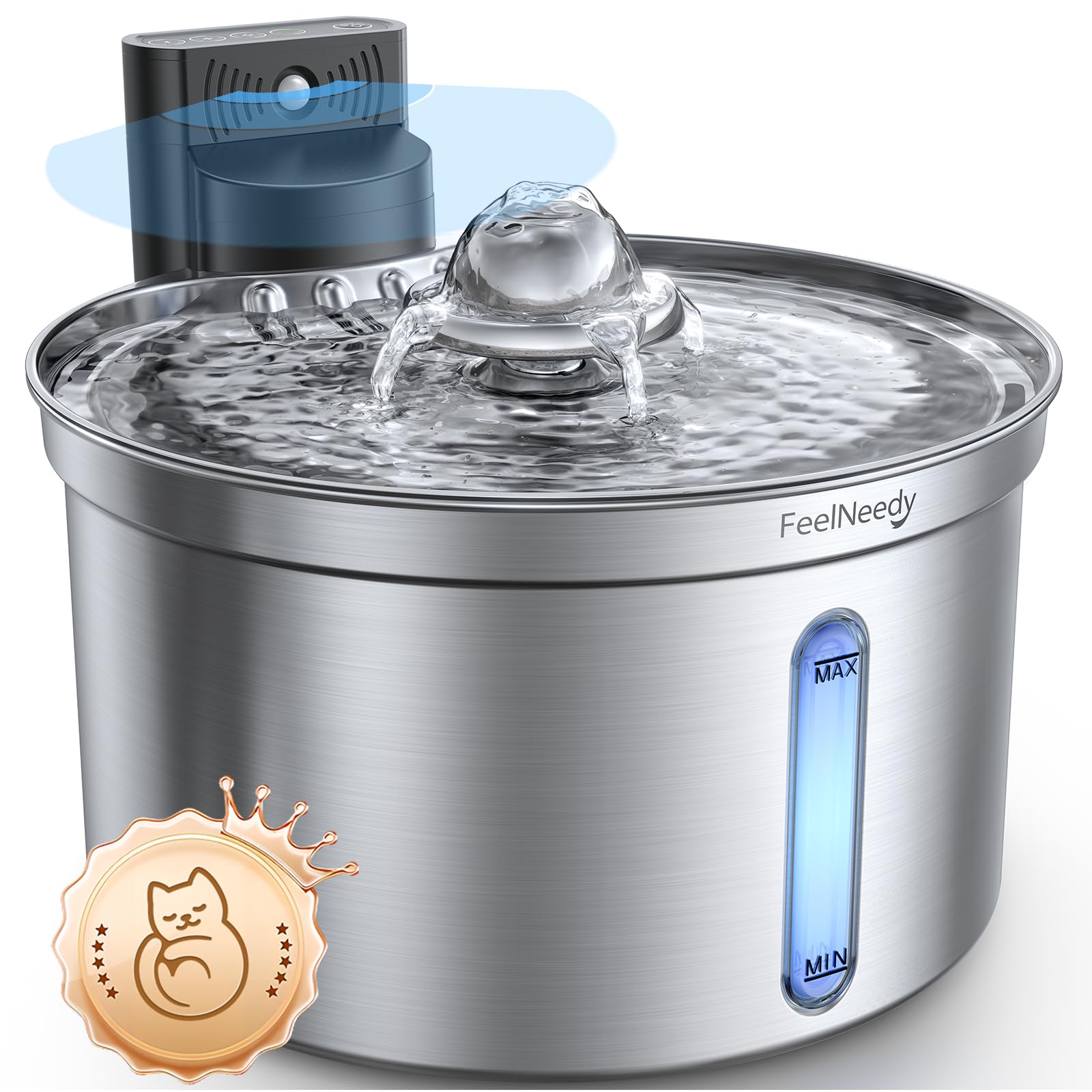 Fuente de Agua para Gatos Inalámbrica Inteligente con Sensor FEELNEEDY FN-W19 3.5L, Separación Agua-Batería 4000mAh, Bebederoen Acero Inoxidable 304, 3 Modos, 1 Filtro de Carbón Activado