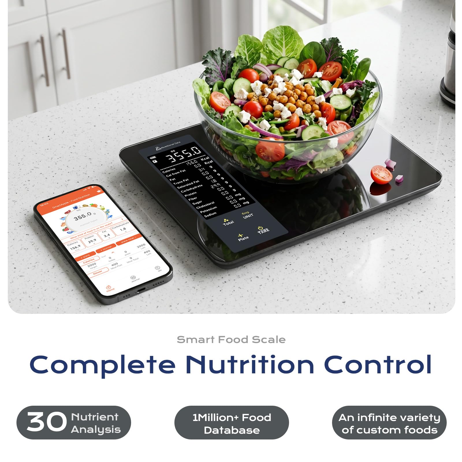 OBEST Balance de Cuisine Numérique avec Suivi de 30 Nutriments, 10kg/1g | Balance Intelligente avec Calcul Calories, Bluetooth Balance Alimentaire pour Perte de Poids, à Ecran LCD, Tara Fonction