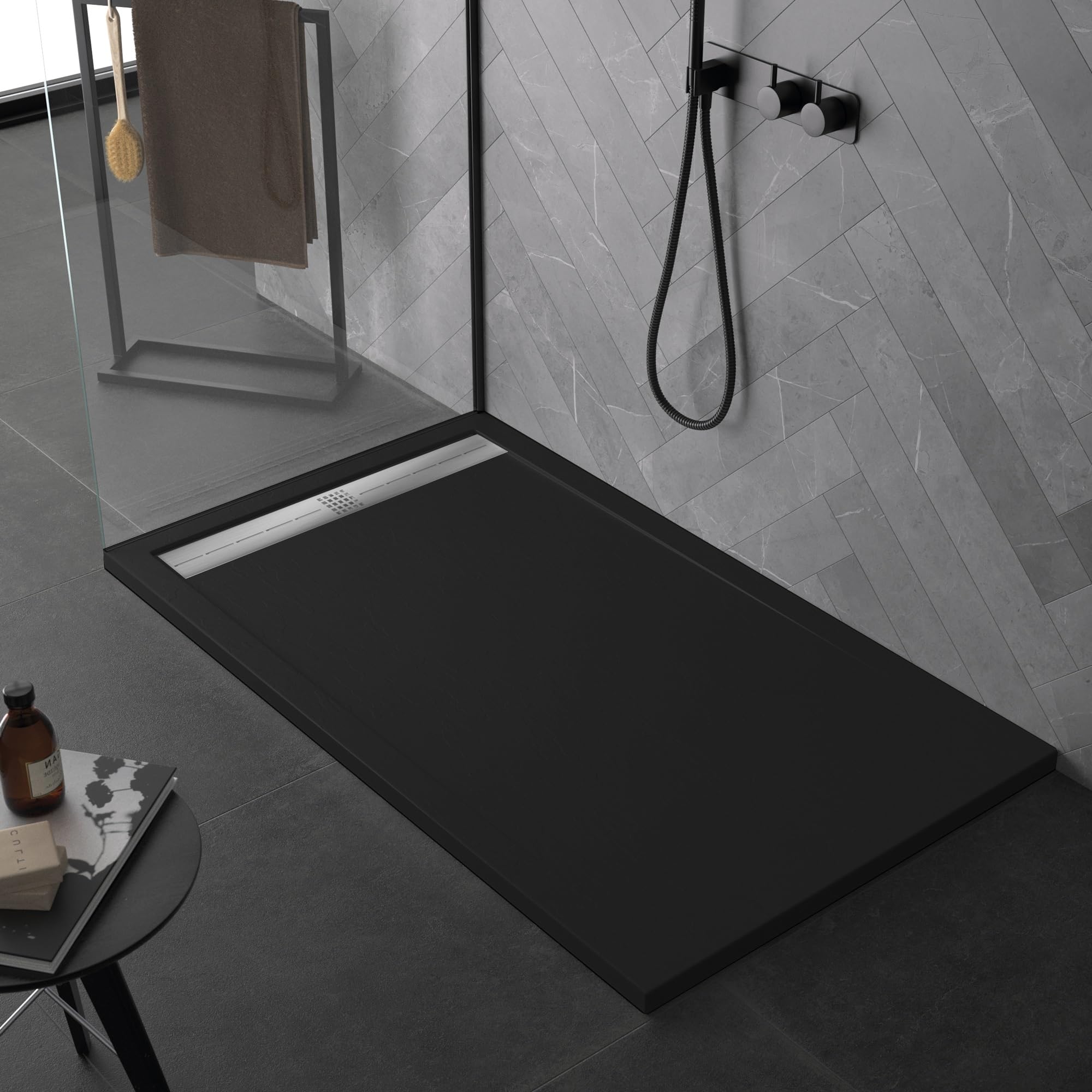Receveur de douche plat slim 3 cm noir antidérapant contre les glissades