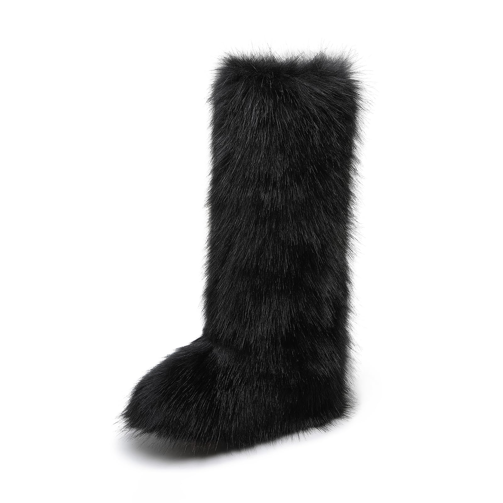 WOVOIE Knee High Fur Boots for Women Faux Fur Boots, Fluffy Round Toe, Winter Cosy Plush Warm Outdoor Snow Boots