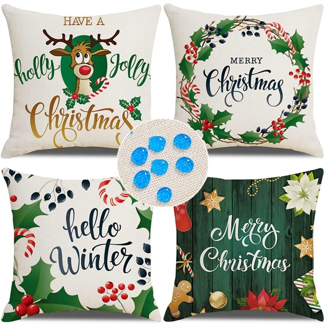 Lot de 4 Housses de Coussins 50x50cm/20x20in Noël Imperméable Housses de Coussin en Lin Taie Oreiller de Canapé de Coussincarré Housse De Coussin Exterieur pour Chambre,Canapé,Chaise,Lit,Jardin ZC-651