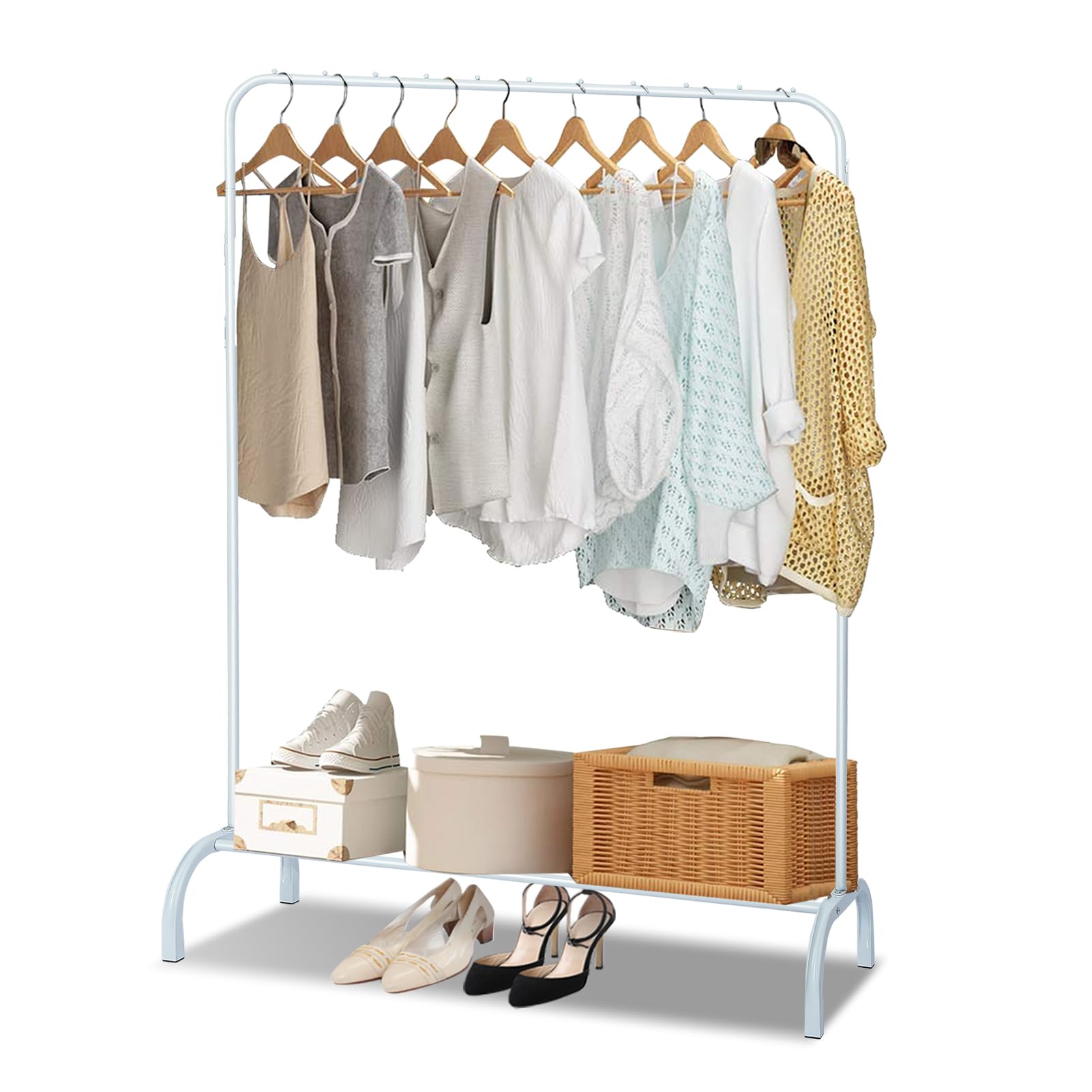 PetHot Clothes Rail, Hanging Rail for Clothes Coats, Metal Clothes Rack for Bedroom Heavy Duty Garment Hanging Rack with Storage Shelf, Store Boxes Shoes Coats Clothing and Bags (White)