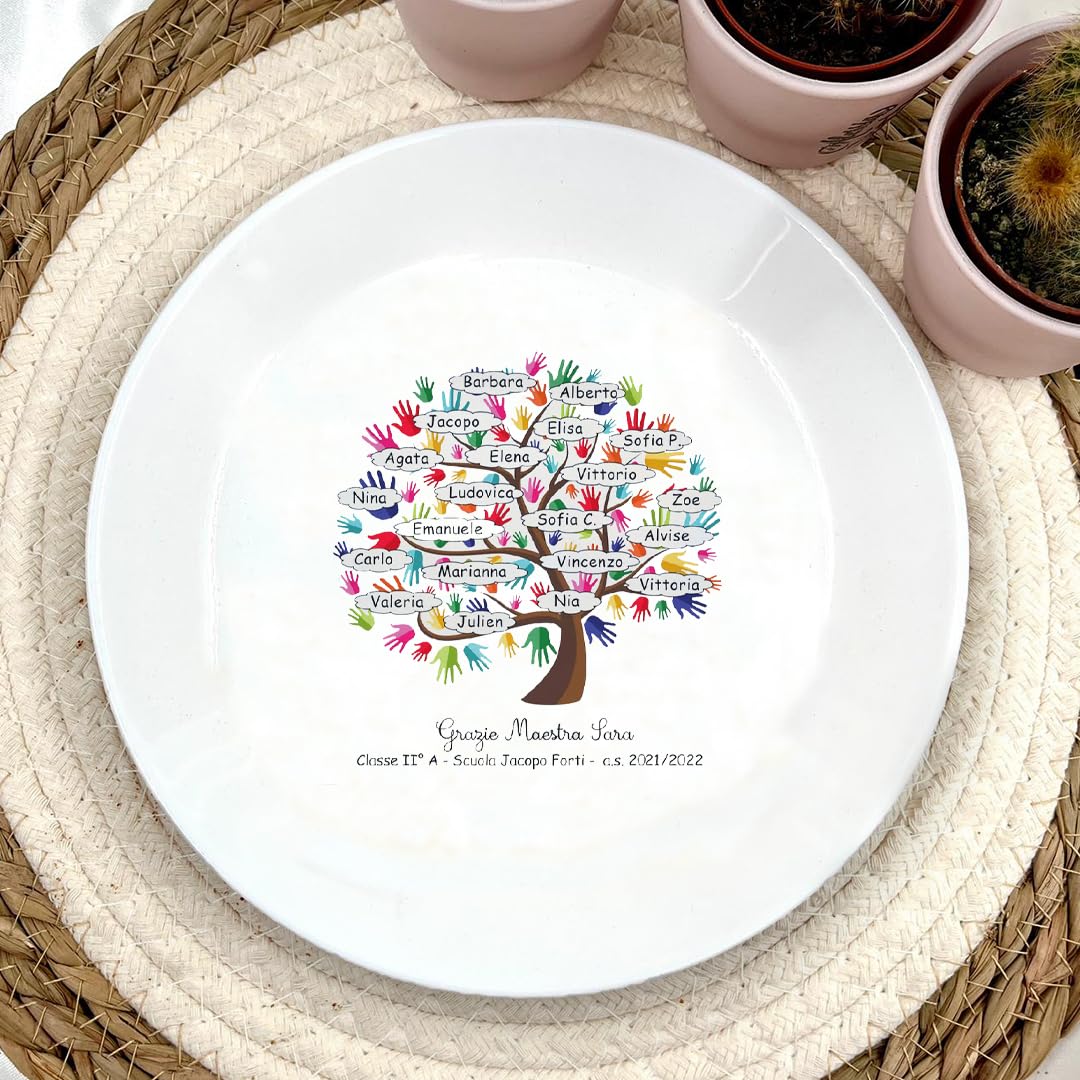 Piatto Bianco in Vetro Temperato 25cm Personalizzato con Nomi Albero del Sapere Regalo Maestra
