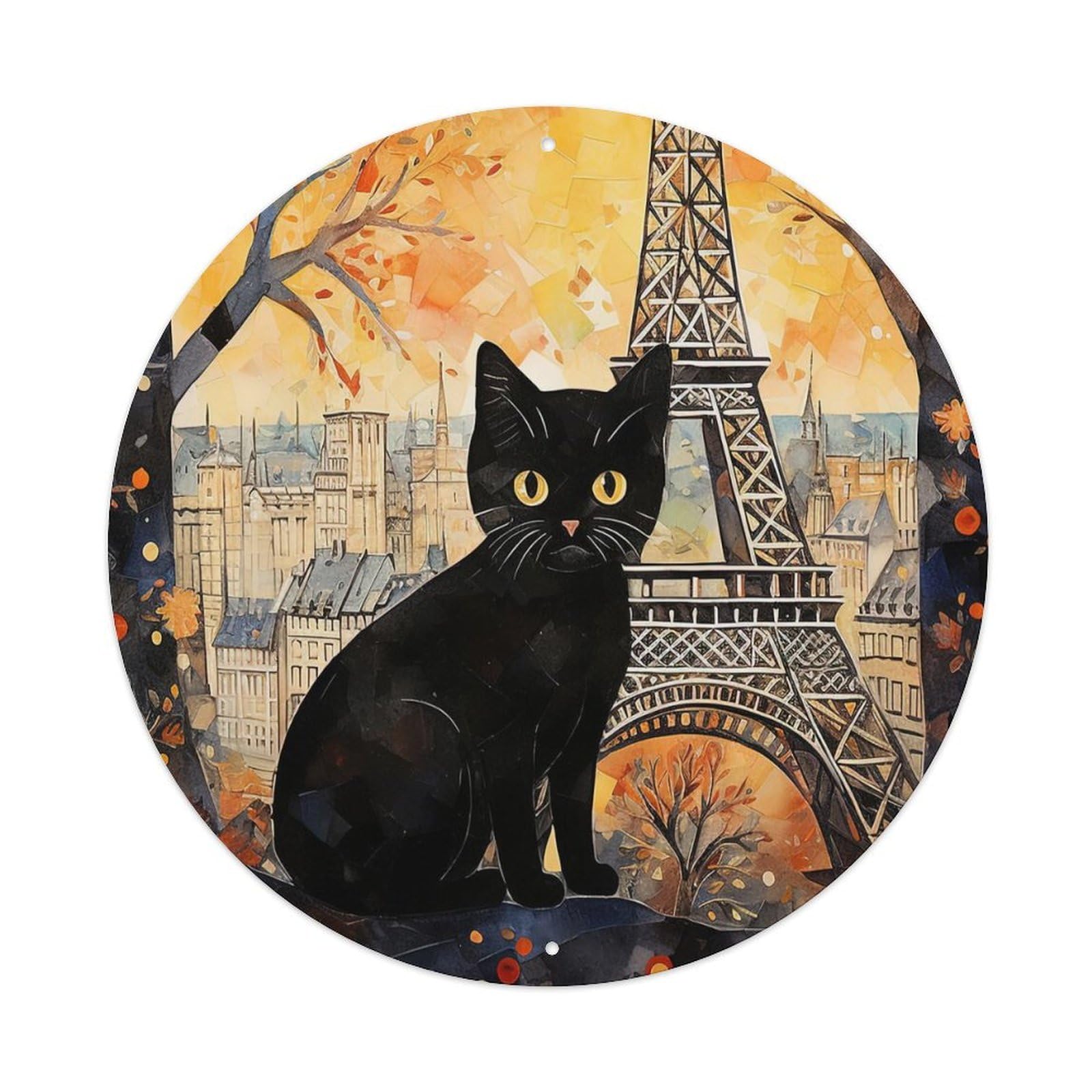 Comic Animal Cat with Paris Tower Vintage Metal Tin Sign Plaque Wall Decor for Cafe, Club, Garden Round Metal Poster 8x8Inch