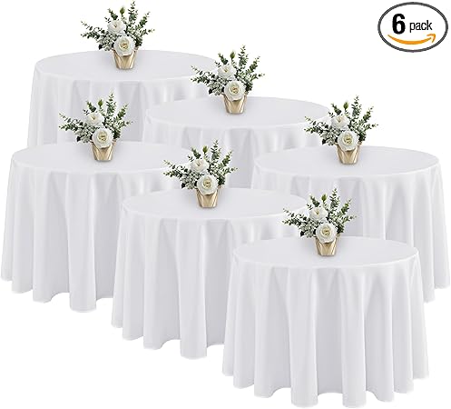 Fitable 6 Pack White Round Tablecloths - 120 Inches in Diameter - Stain Resistant and Washable Table Clothes, Polyester Fabric Table Covers for Wedding, Party, Banquet, Formal Events
