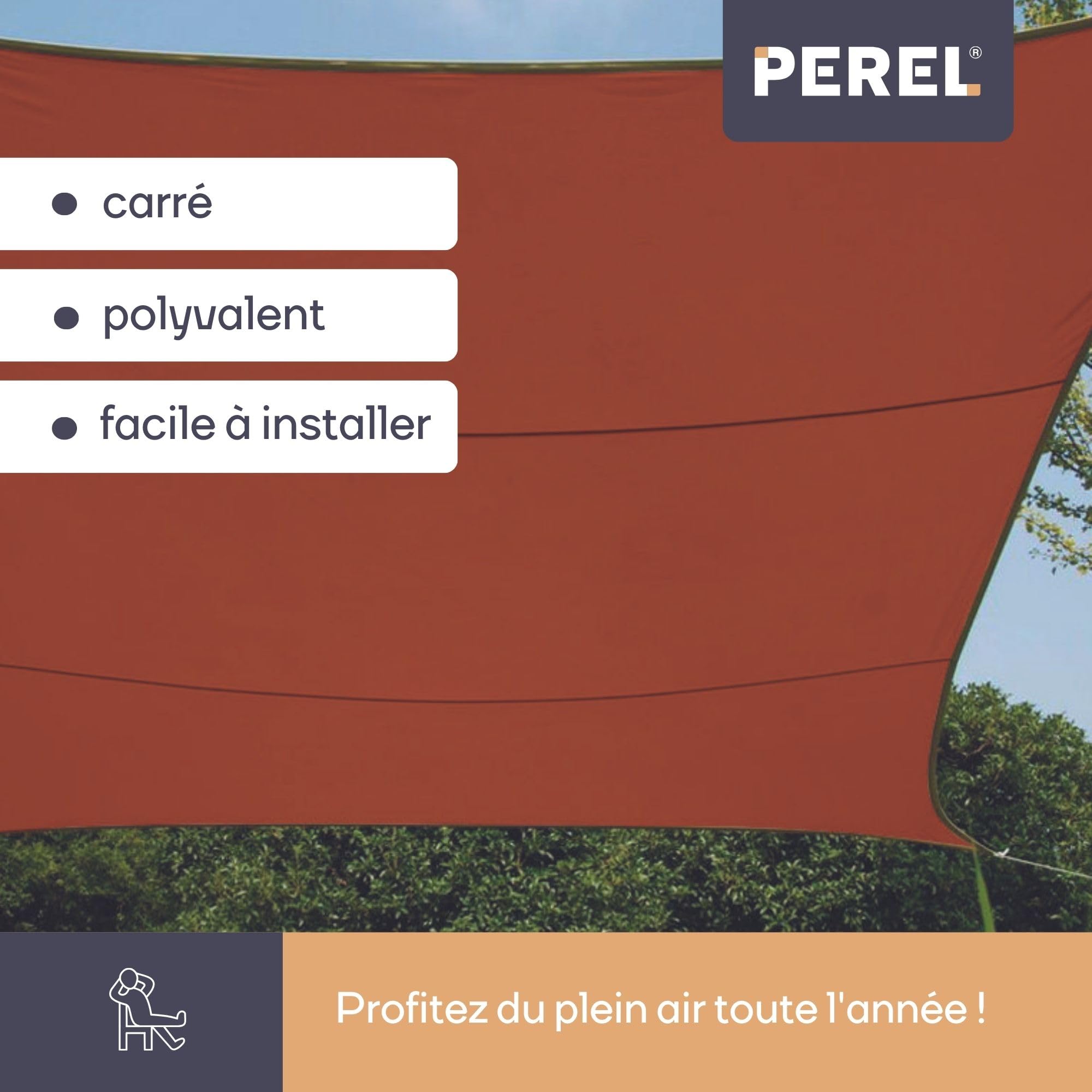 Perel Voile d’ombrage 5 x 5 m, Carree pour Jardin et terrasse, Polyester deperlant 160 g/m2, Protection UV 90%, Toile Respirante avec Anneaux en Acier Inoxydable, Terracotta