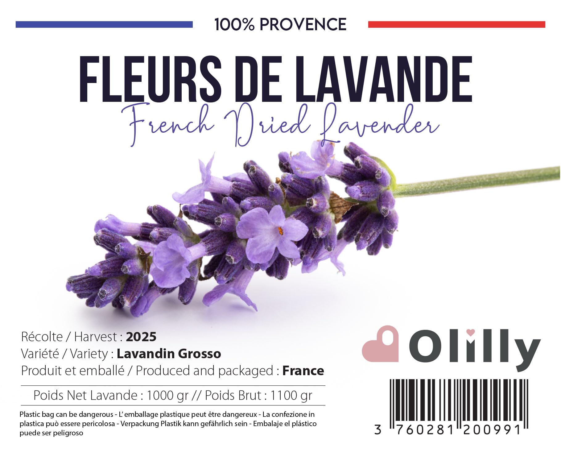 OLILLY - 1 Kilogramme - Fleurs de Lavande Séchée de Provence - Récolte 2025 (Lavandin Grosso, 1000 Grammes)