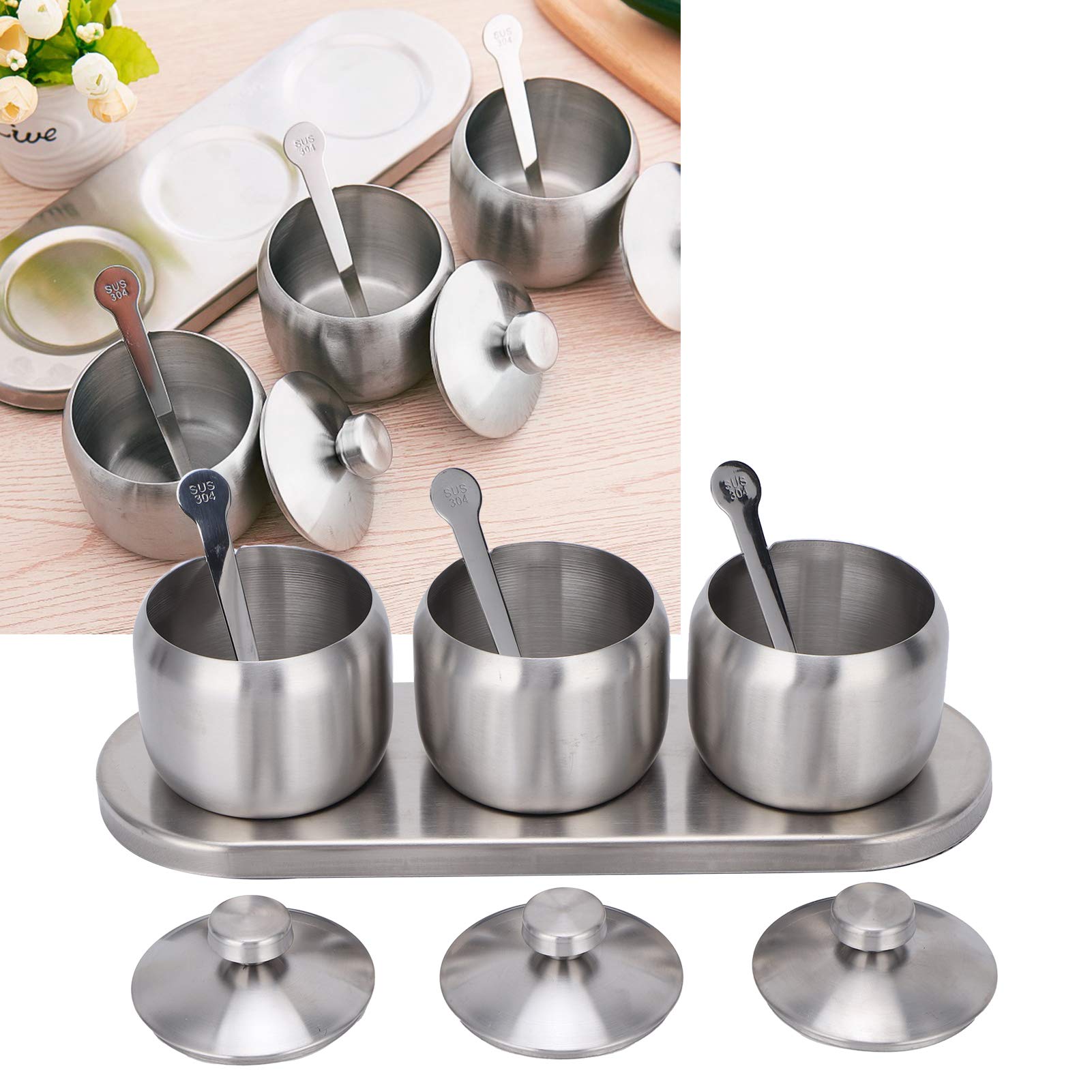 Set di 3 contenitori per spezie in acciaio inox con coperchi e vassoio, ideali per conservare sale, pepe, curry, peperoncino in polvere, organizer per spezie da cucina, 8,5 x 9,5 cm, resistente ed